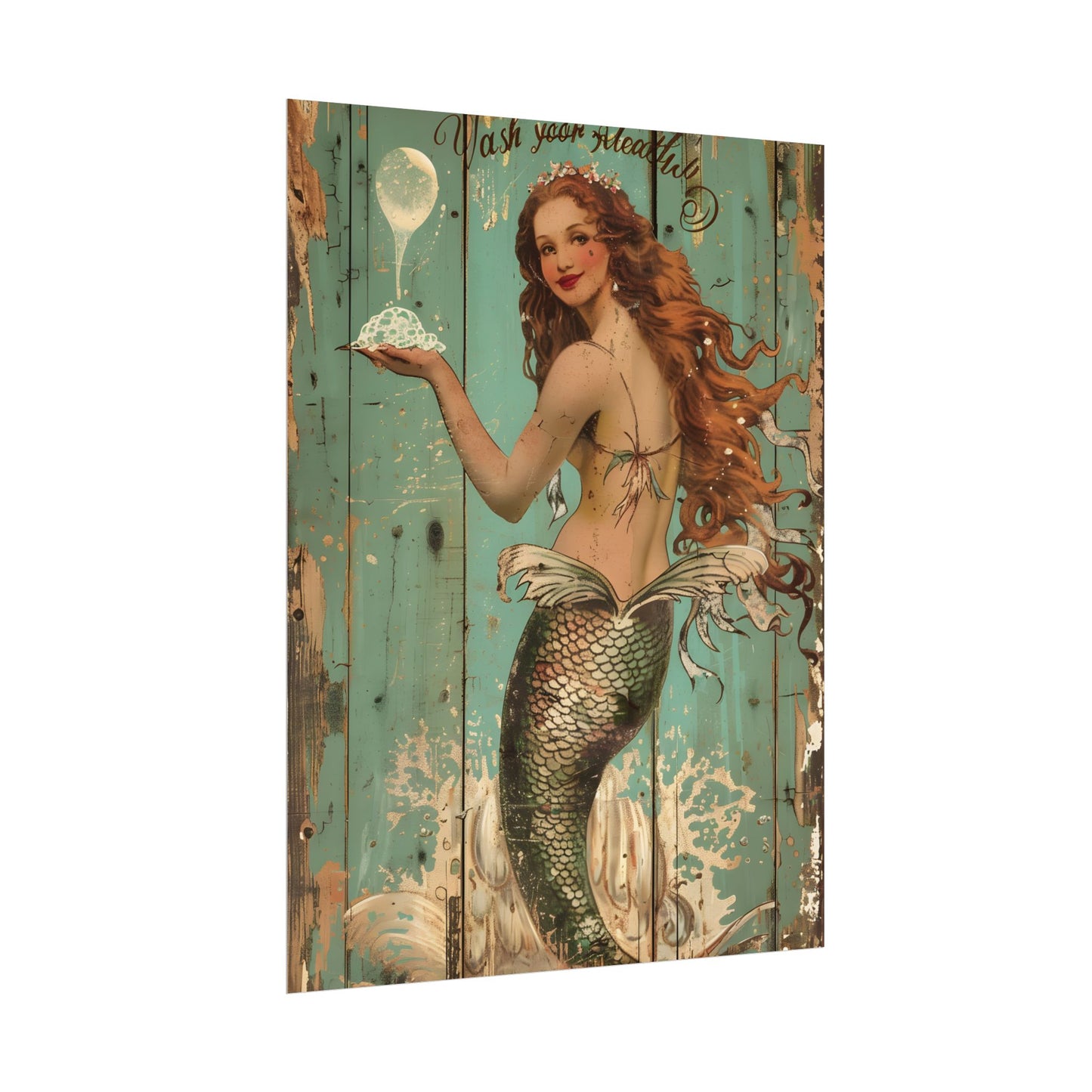 Whimsical Vintage Mermaid: A Soap Bubble Serenade - Poster