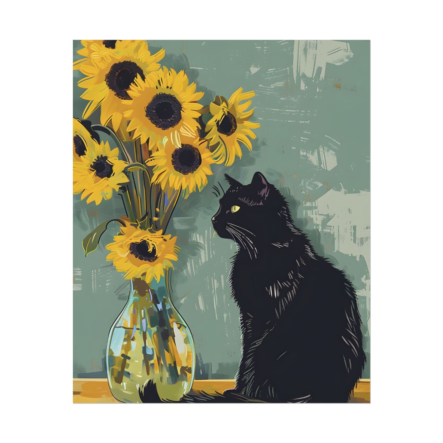 Whispers in the Sun: A Black Cat's Serene Moment with Sunflowers - Poster