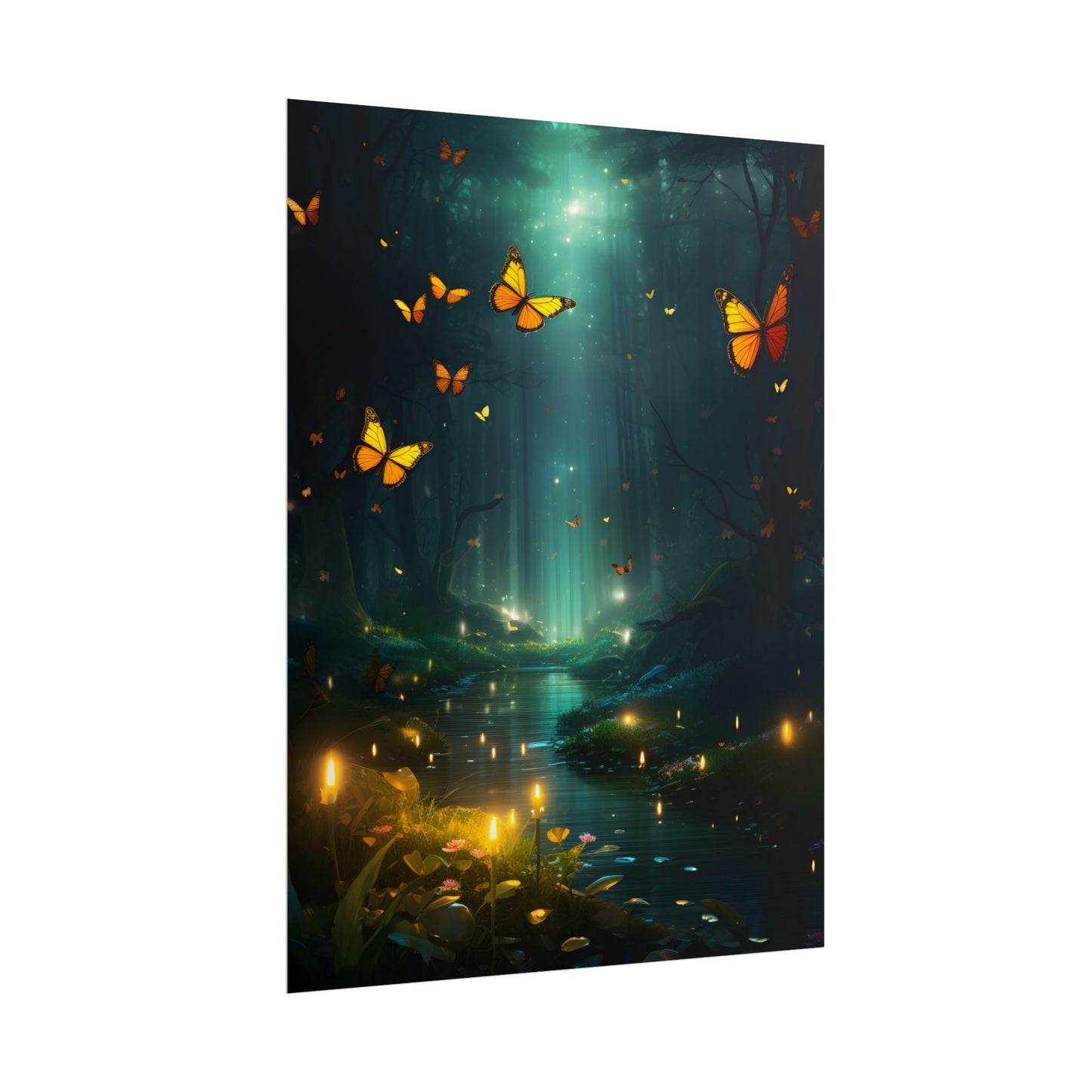 Fantasy Night Bokeh Artwork: Glowing Fog Forest Painting - Poster