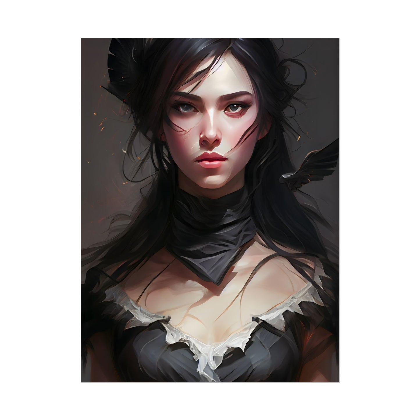 Female Portrait: Black Hair Artwork in Dark Background - Poster