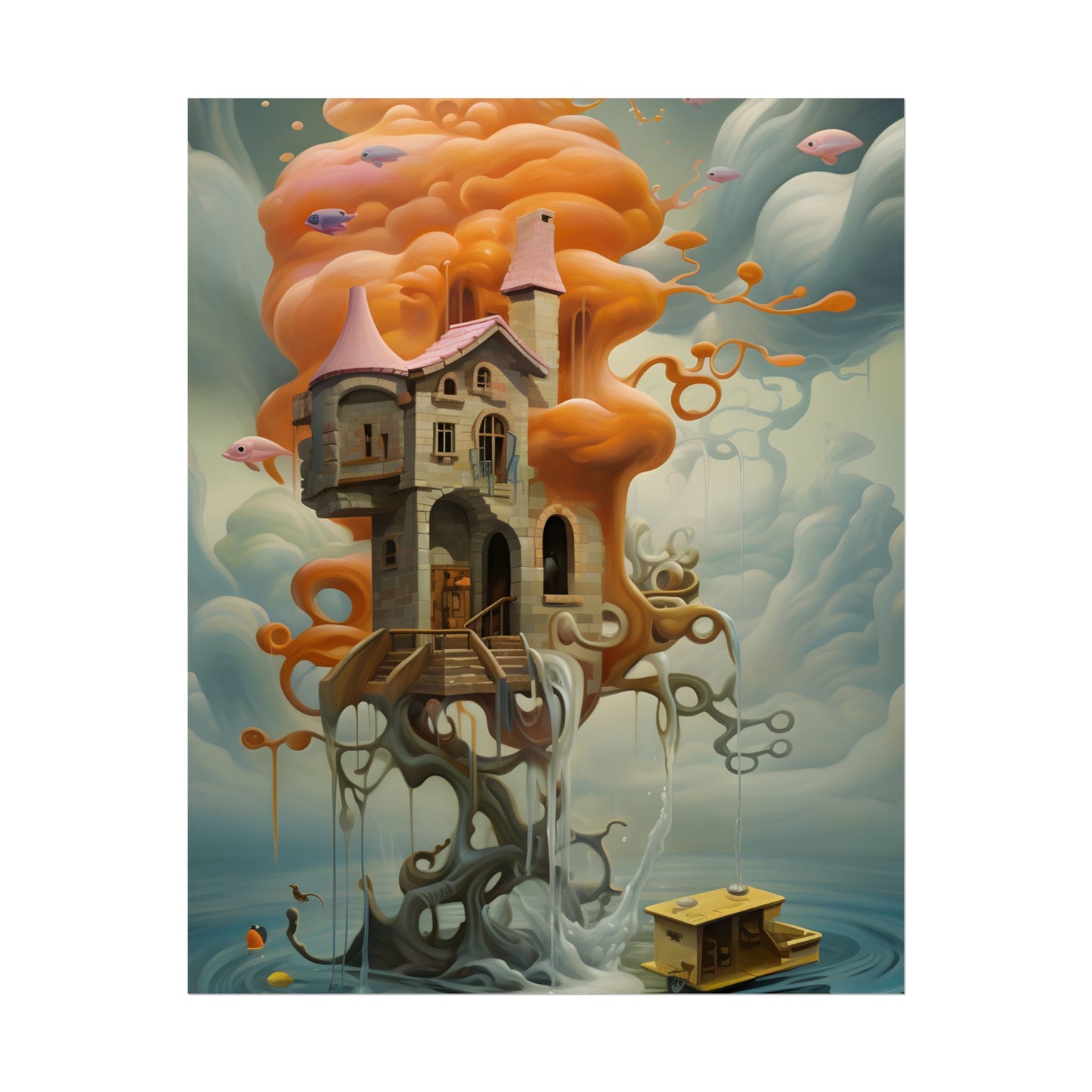 Surreal Dreamscape: Orange Mushroom in Psychedelic Landscape - Poster
