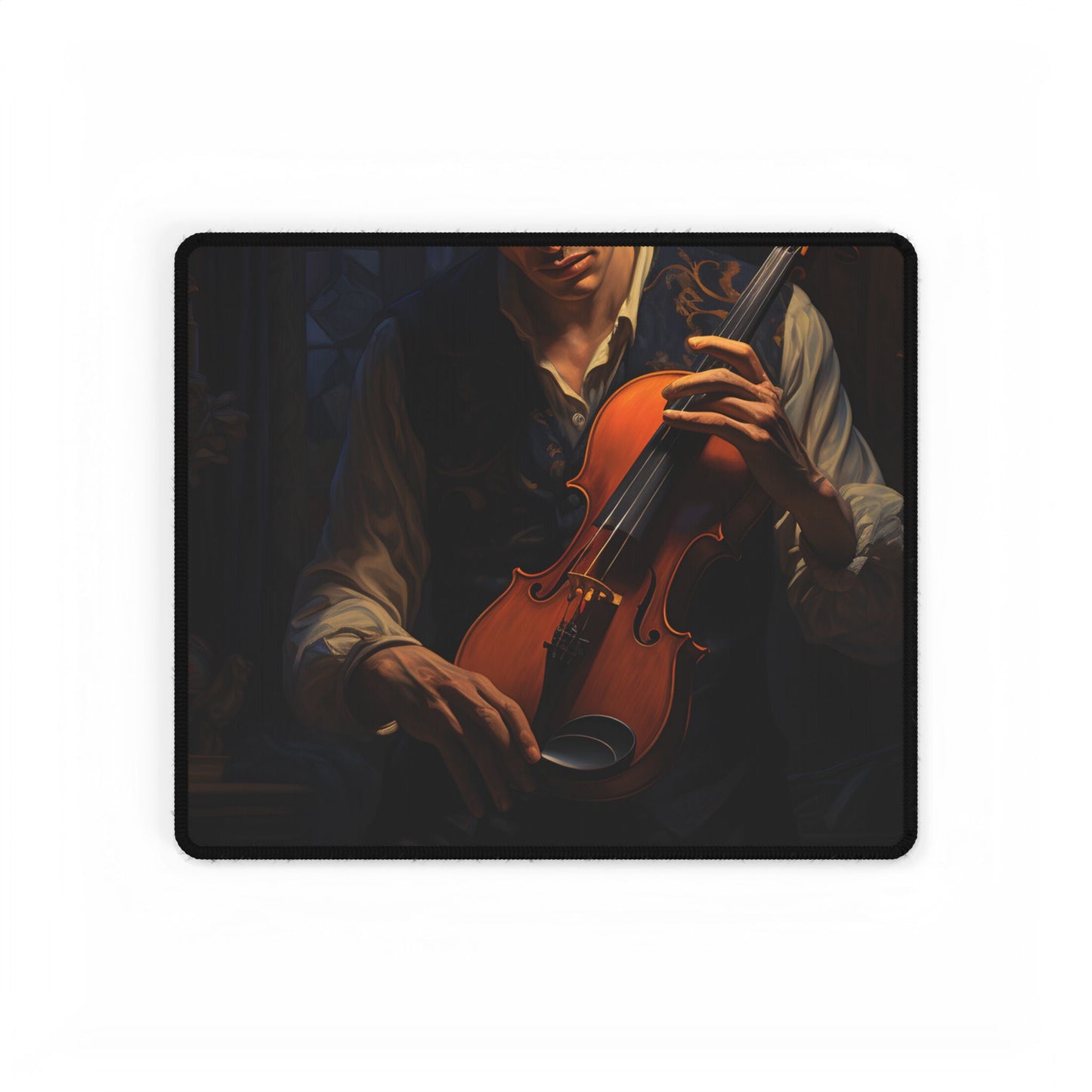 Enigmatic Musician in Dimly Lit Room: Mysterious Piano Performance Art - Desk Mat