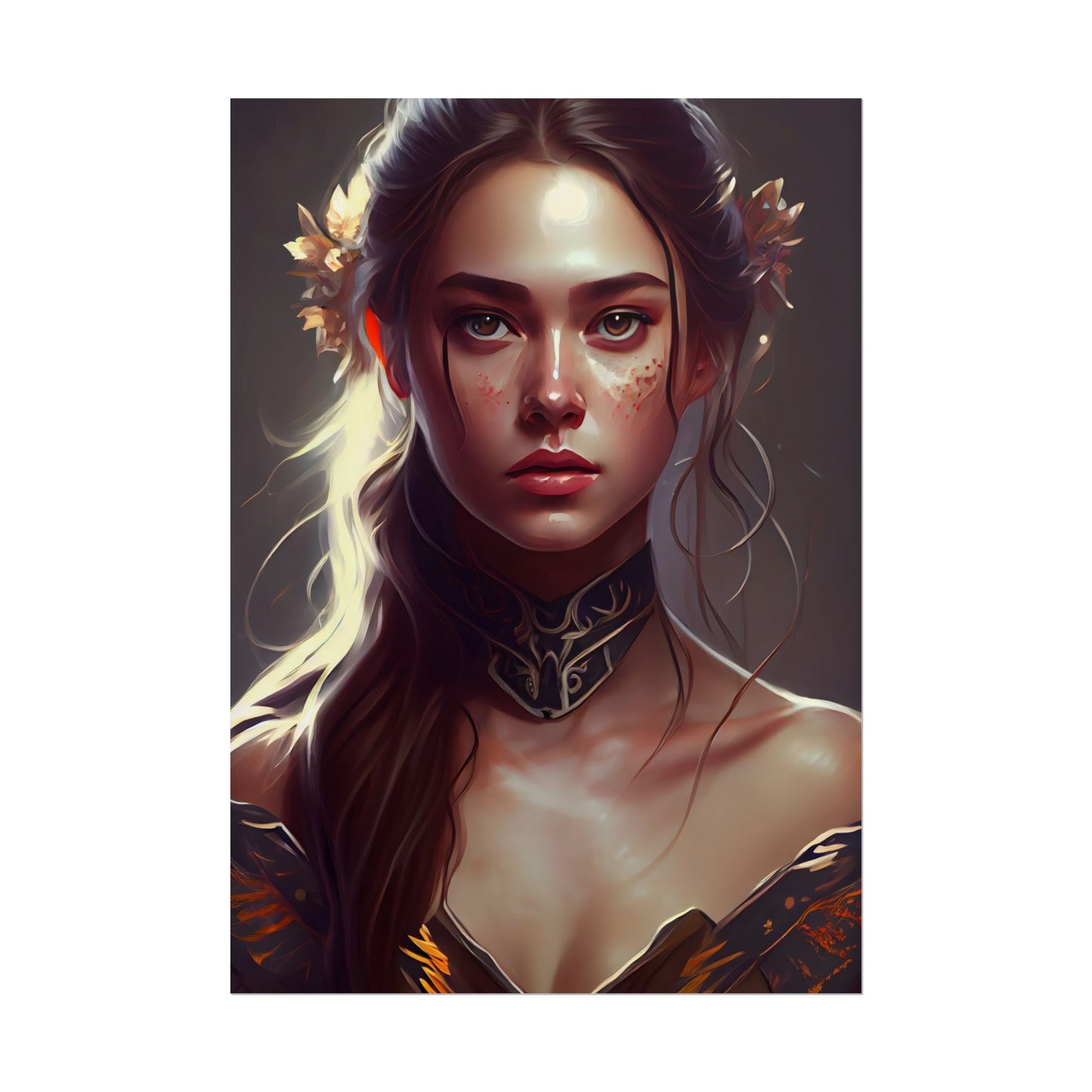 Stunning Female Portrait: Brown Hair Artwork in a Dramatic Style - Poster