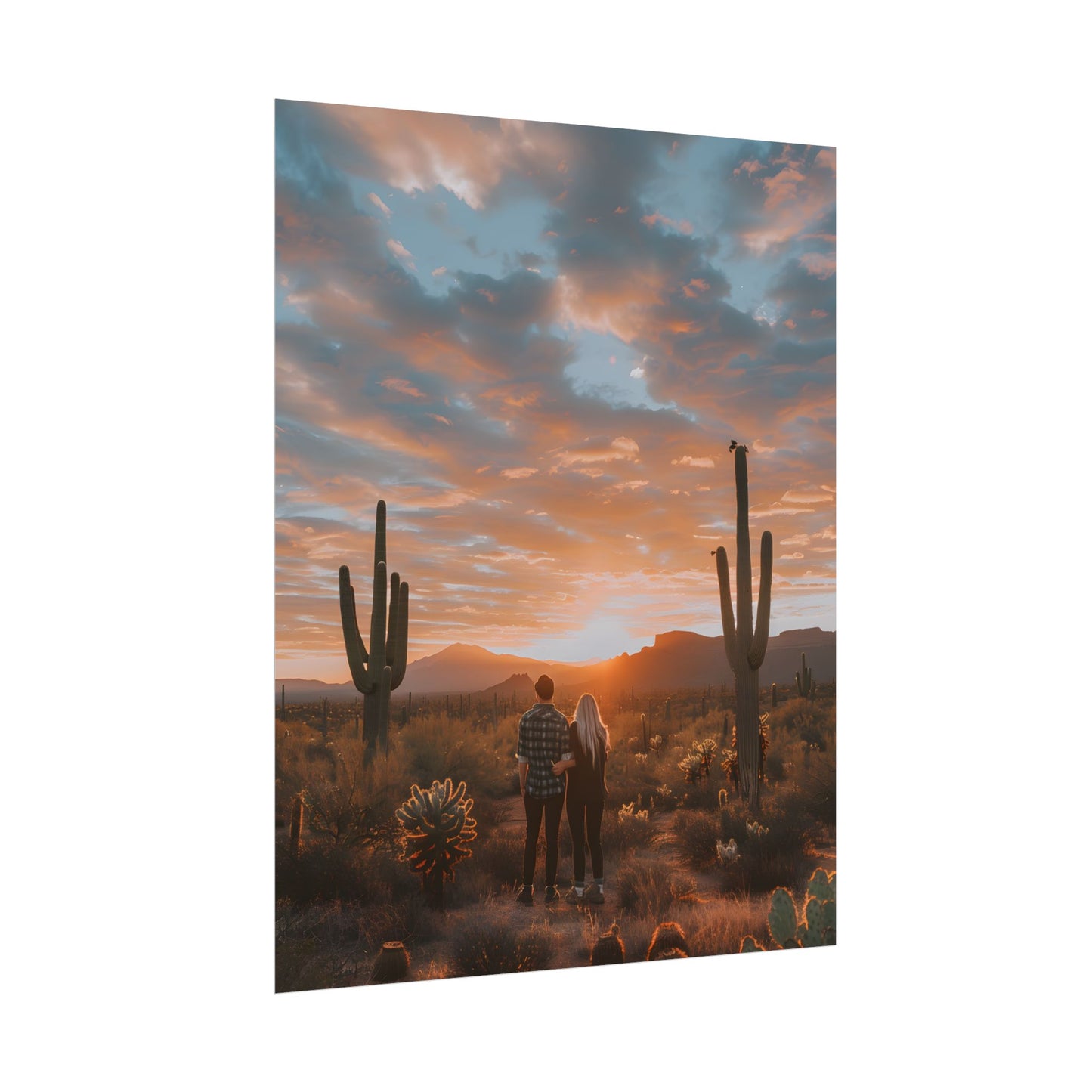 Warm Embrace Under Desert Sunset: People Standing Together in Golden Hour - Poster