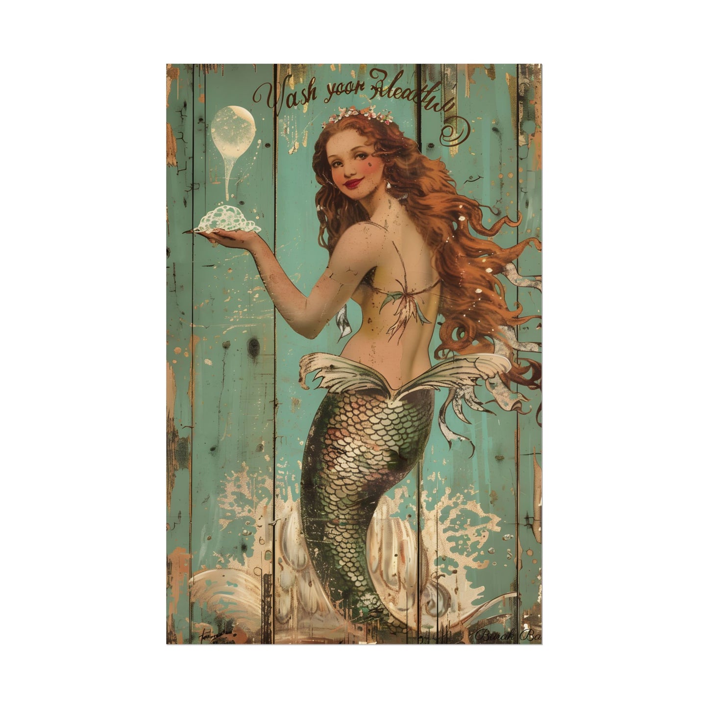 Whimsical Vintage Mermaid: A Soap Bubble Serenade - Poster
