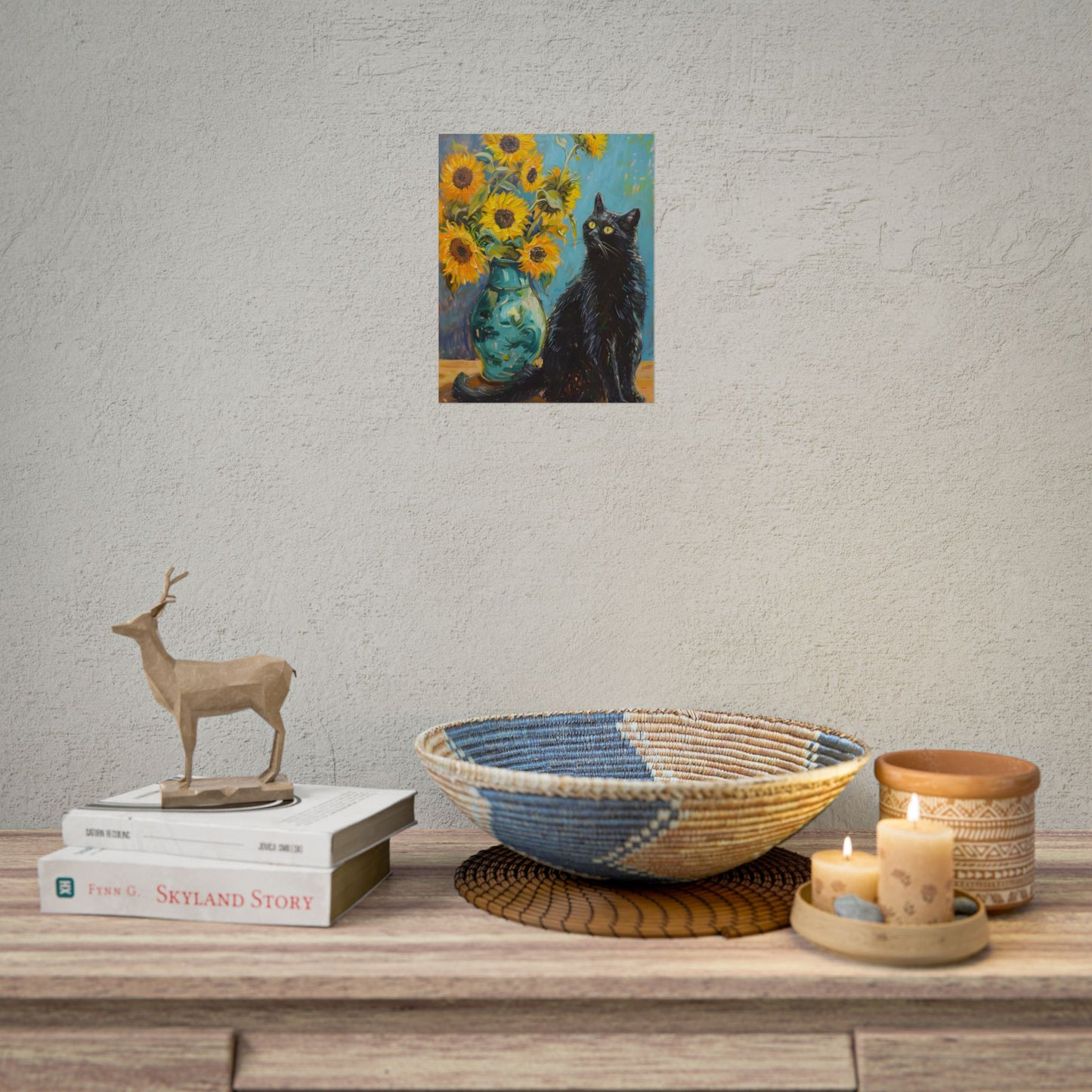 Whispers in the Garden: A Black Cat Among Sunflowers - Poster