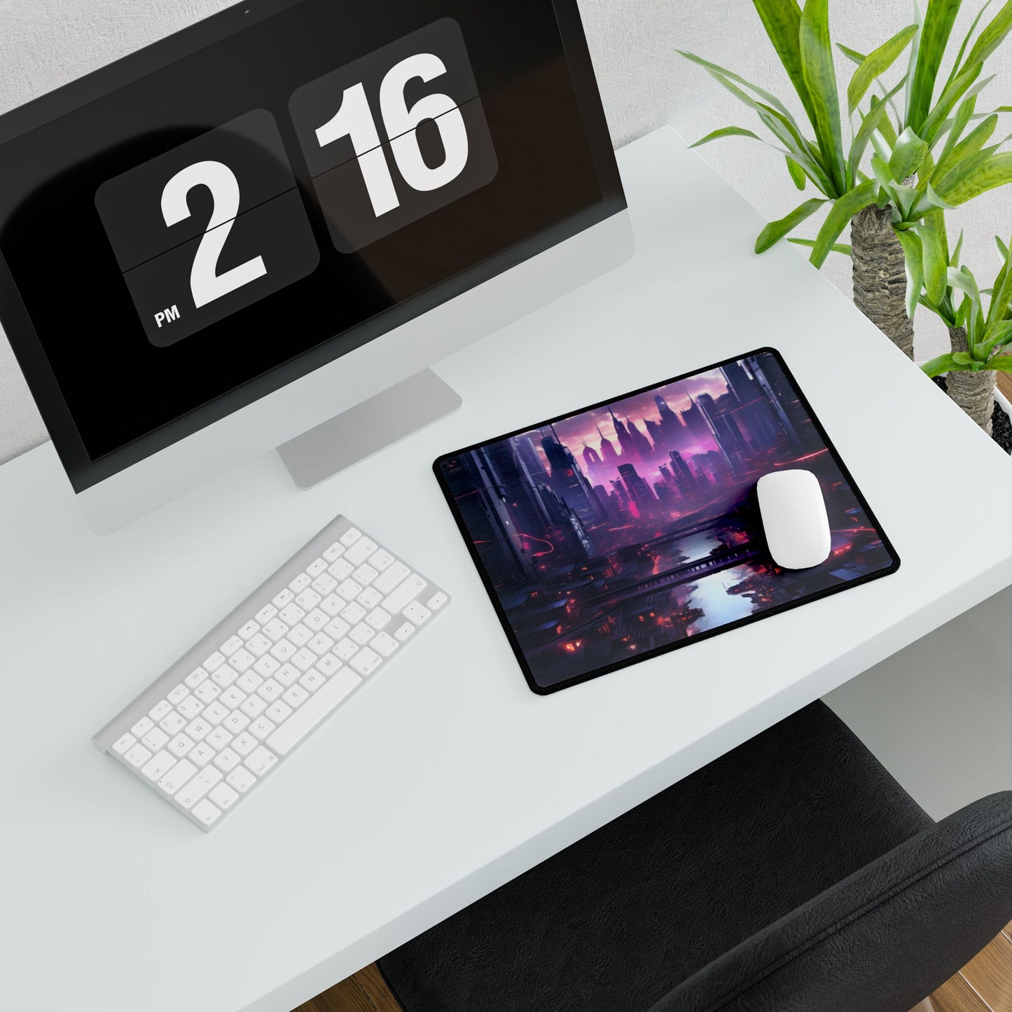 Dystopian Cyberpunk Cityscape: Neon Futuristic Artwork - Desk Mat