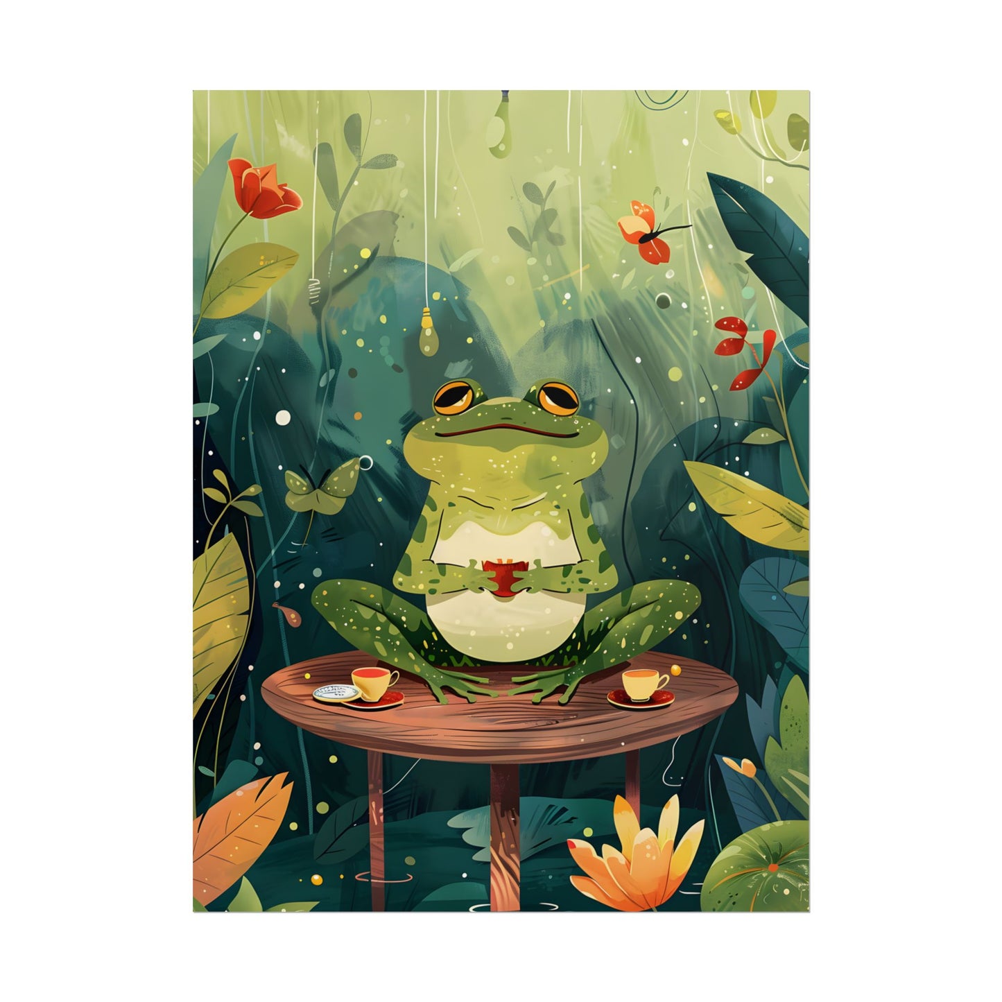 Whimsical Frog on Water: Playful Lily Pad Illustration - Poster