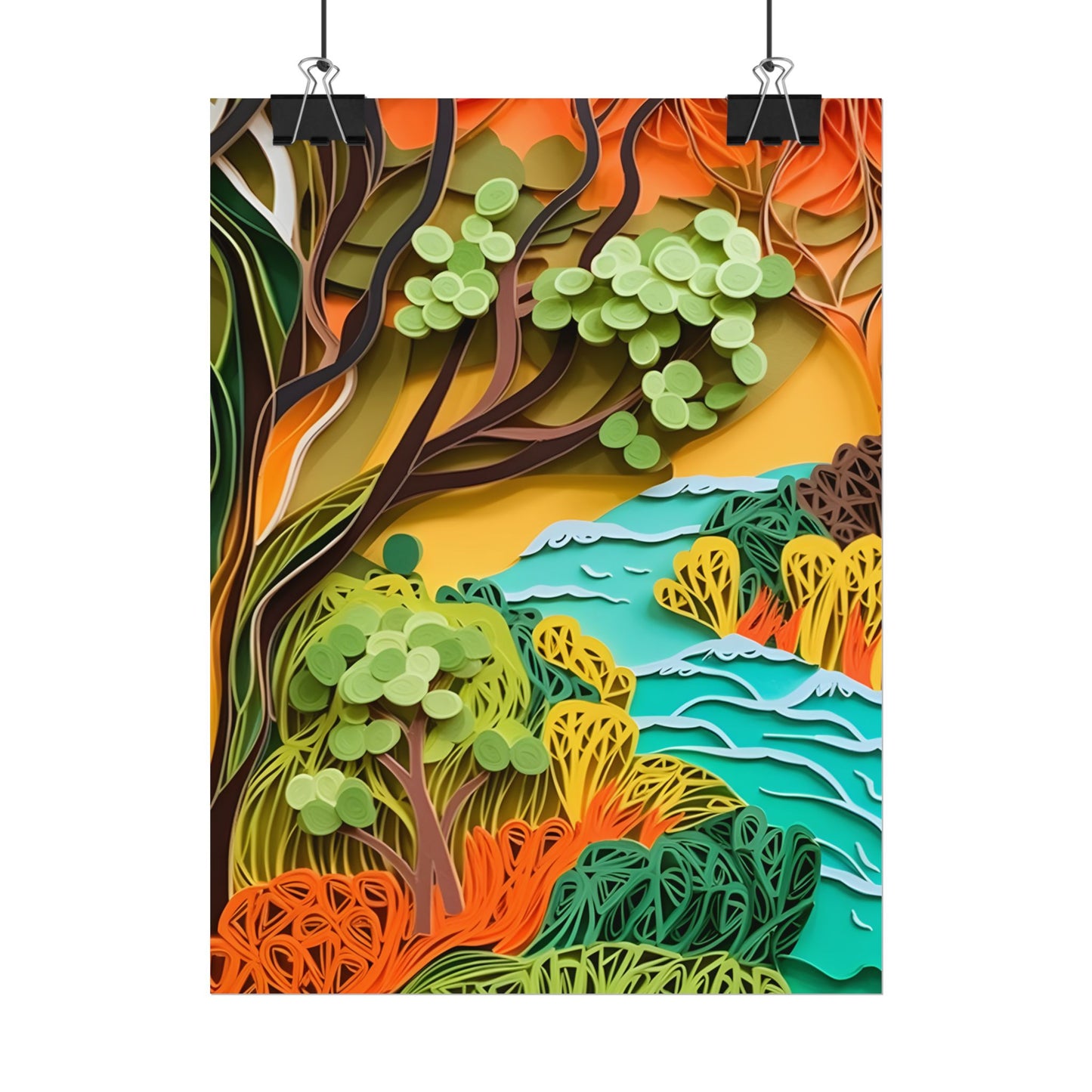 African Paper Quilled Landscape: Artwork in Brown and Green - Poster