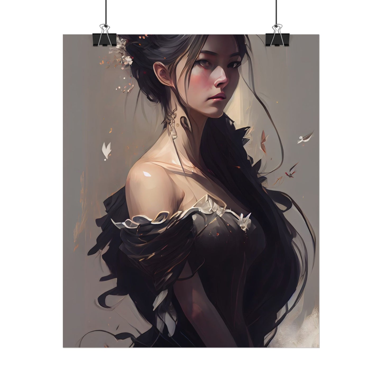 Elegant Black Hair Portrait: Beautiful Female in Dress Art - Poster