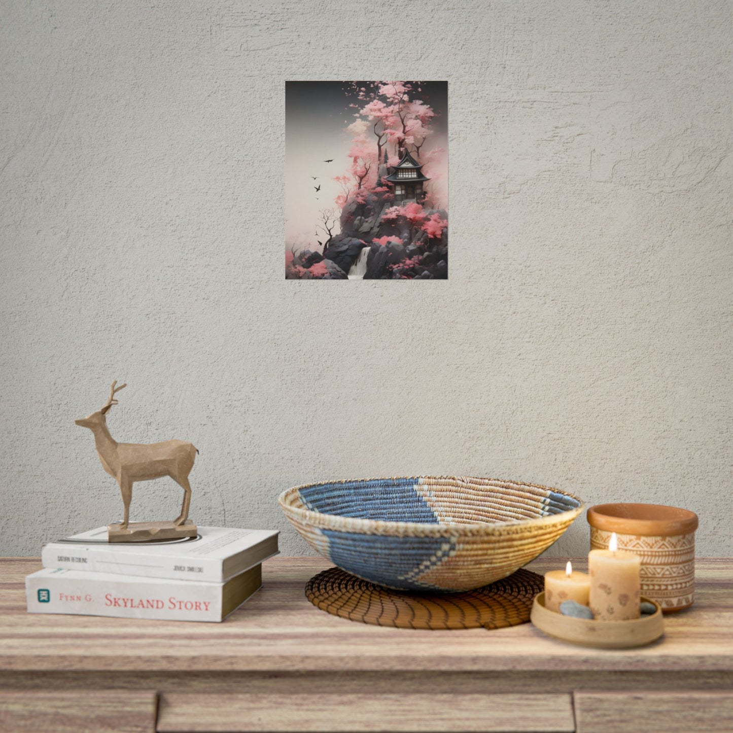 Ash Magenta Masterpiece: Rugged Landscape with Moss Green Forest - Poster