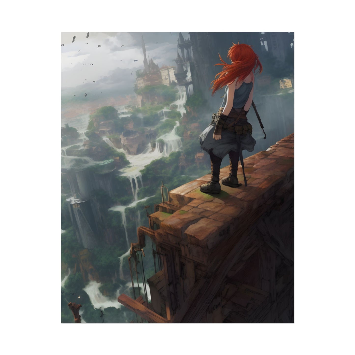 Red Haired Anime Female: Dynamic Birds Eye View Artwork - Poster