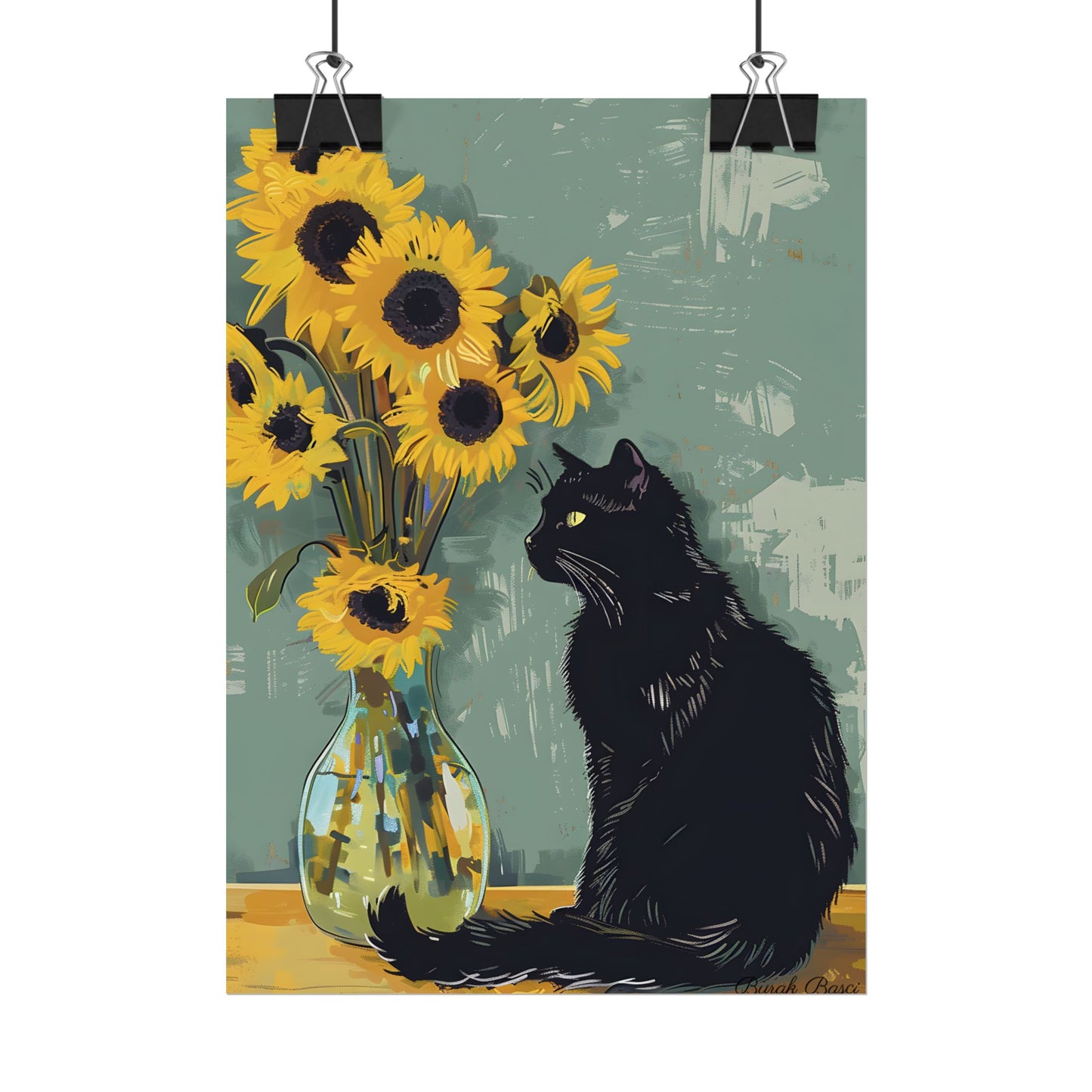 Whispers in the Sun: A Black Cat's Serene Moment with Sunflowers - Poster