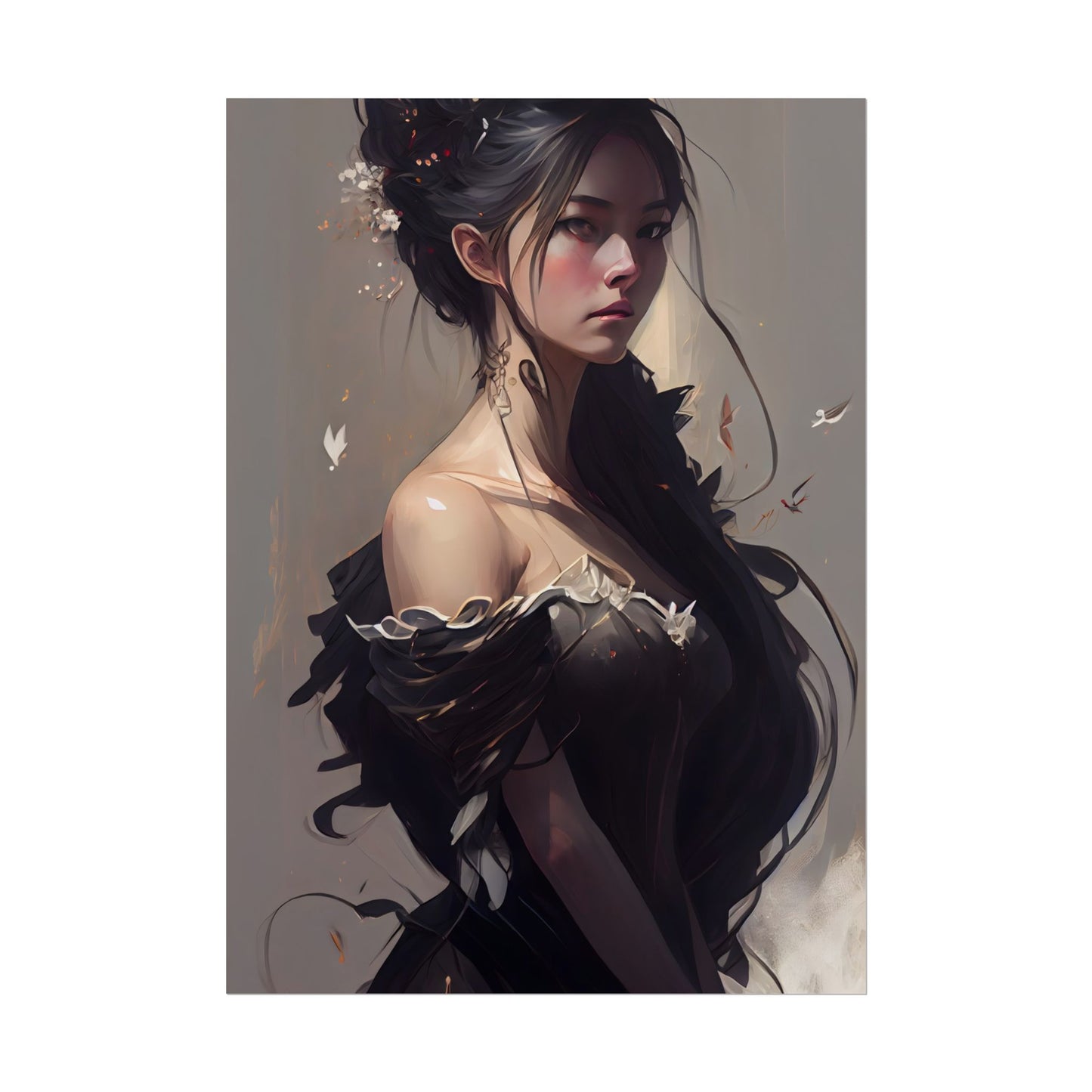 Elegant Black Hair Portrait: Beautiful Female in Dress Art - Poster