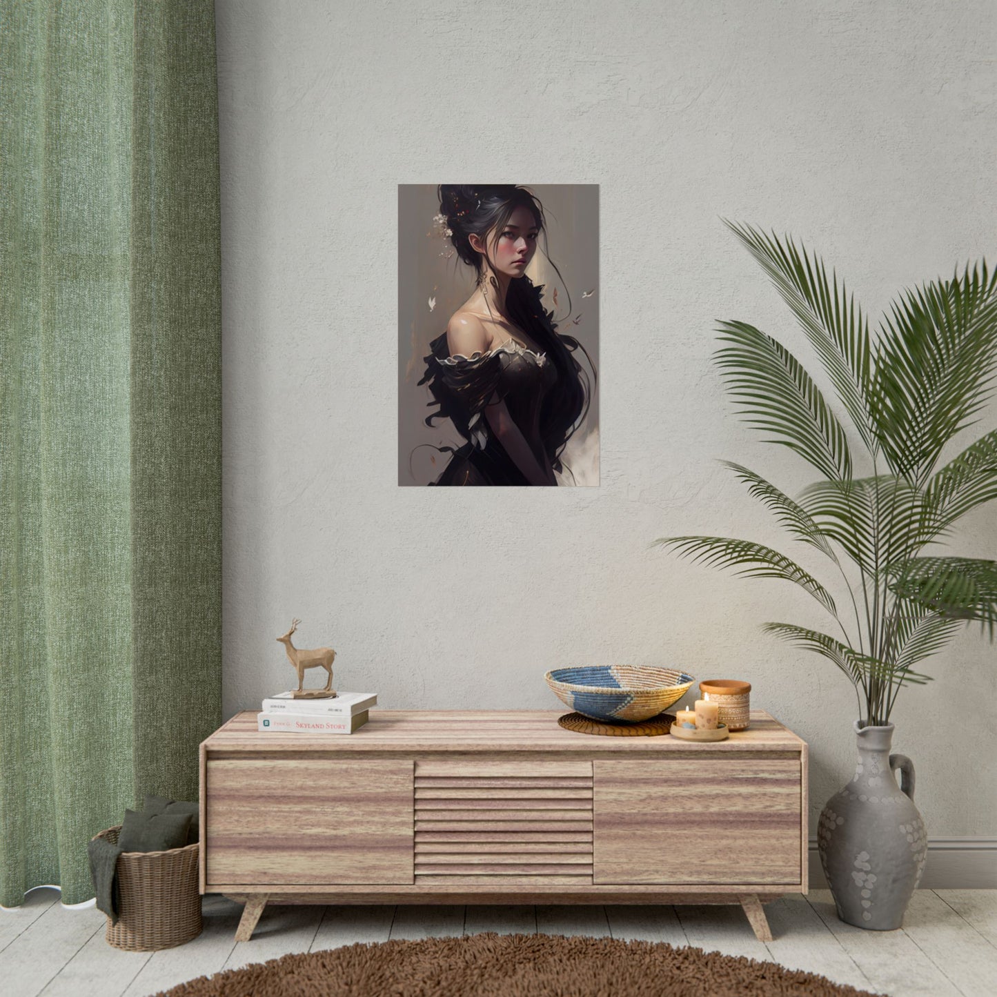 Elegant Black Hair Portrait: Beautiful Female in Dress Art - Poster