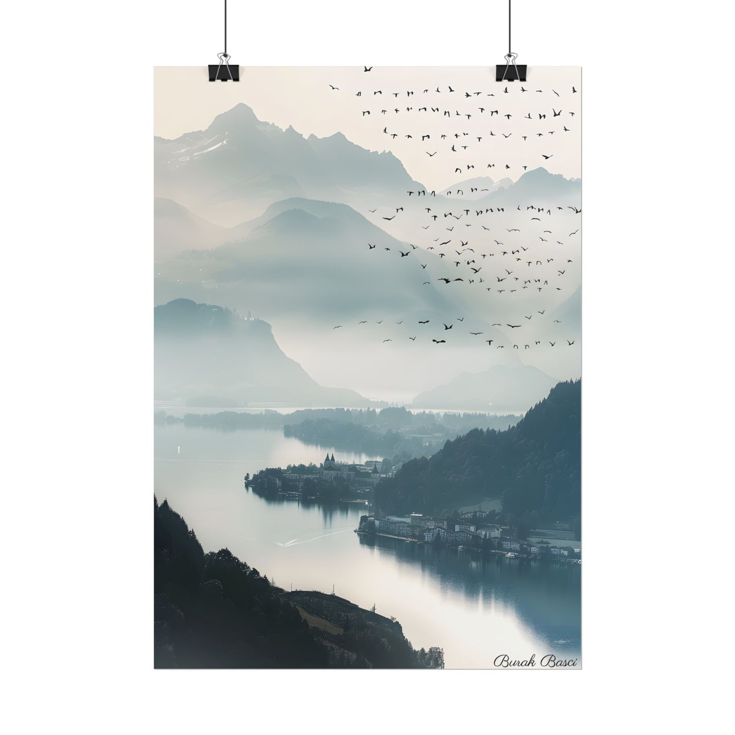 Serene Mountain Landscape: Bird's Eye View Art - Poster