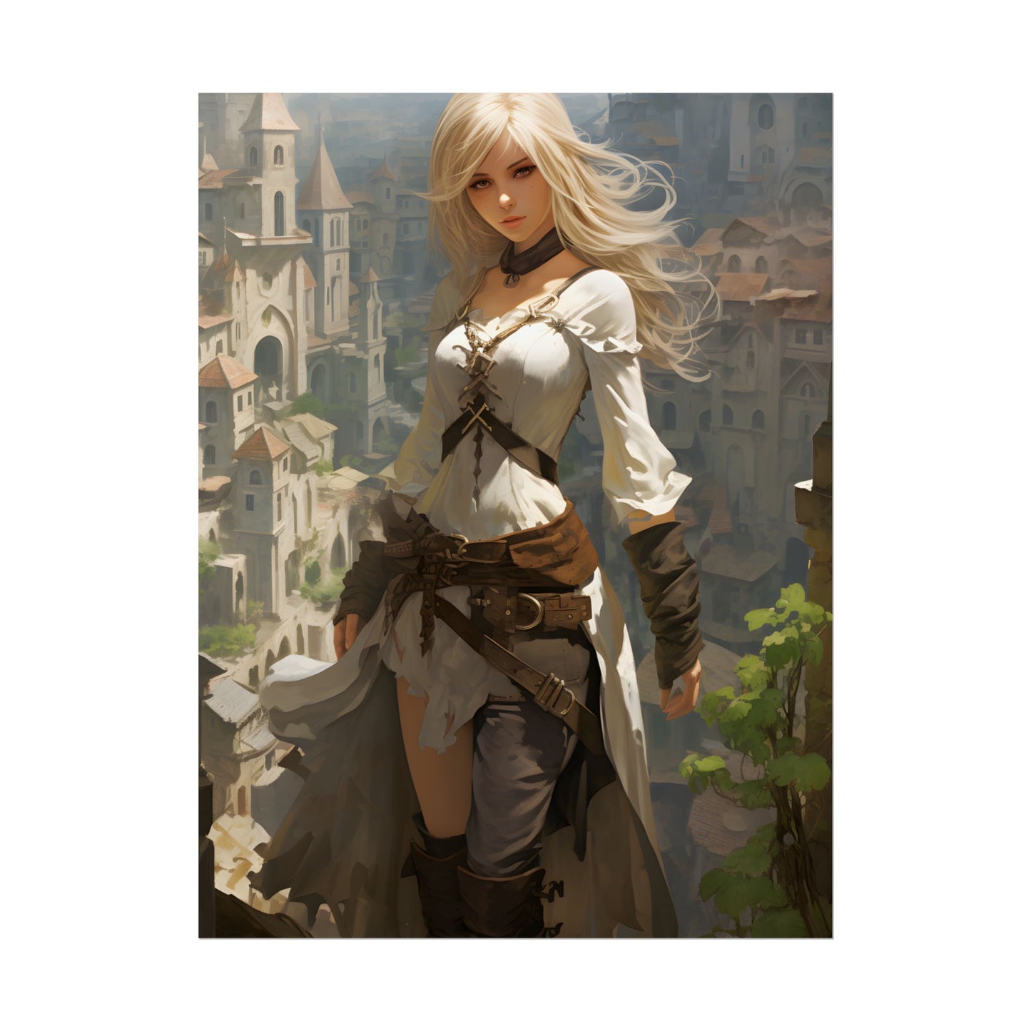 Anime Bird's Eye View Portrait: Blonde Beauty in Motion - Poster