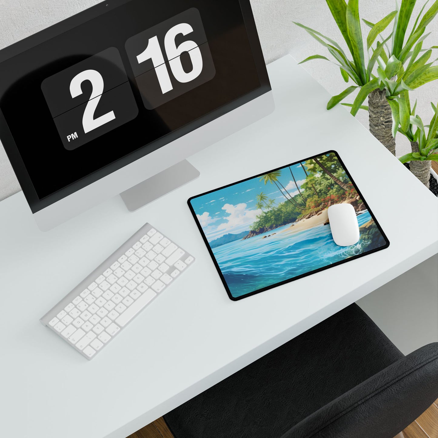 Tropical Island Serenity: Tranquil Sandy Beach with Palm Trees - Desk Mat