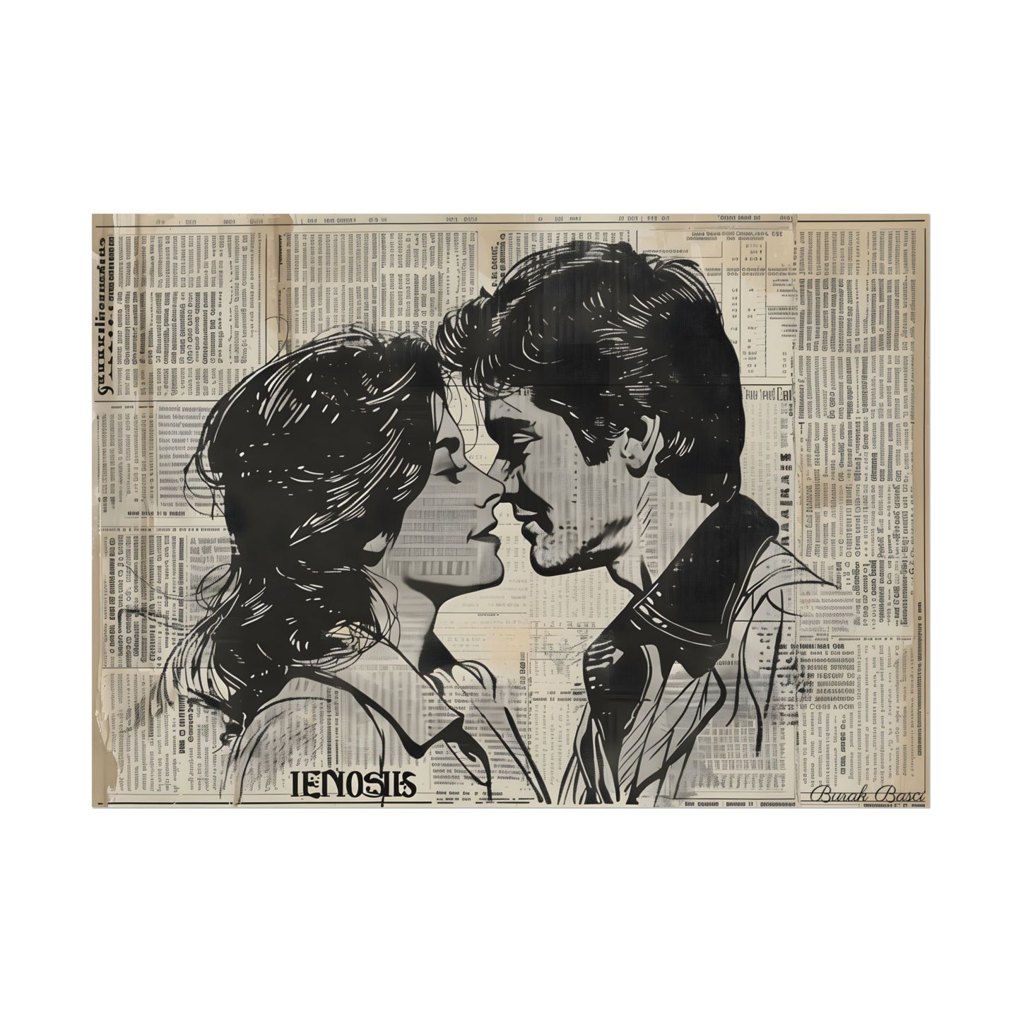 Vintage Romance Couples: Timeless Newsprint Art - Poster