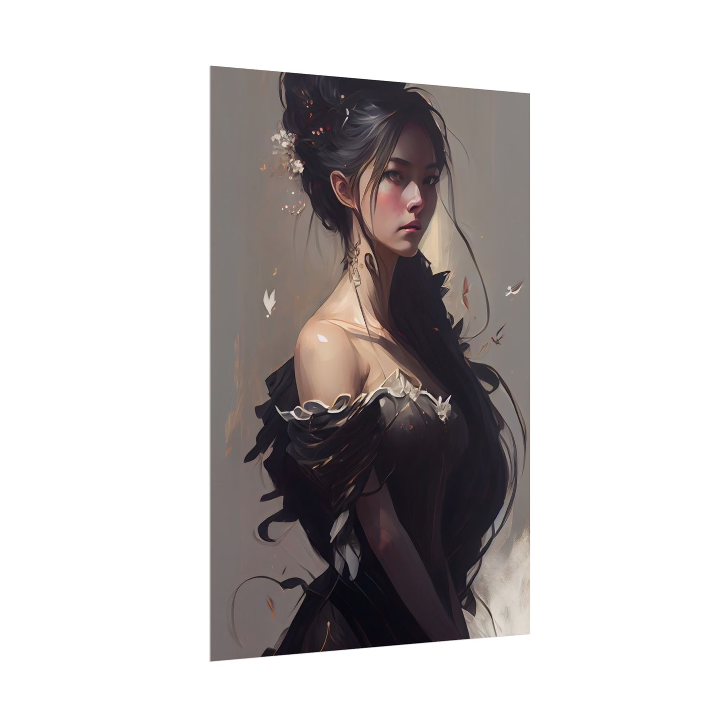 Elegant Black Hair Portrait: Beautiful Female in Dress Art - Poster