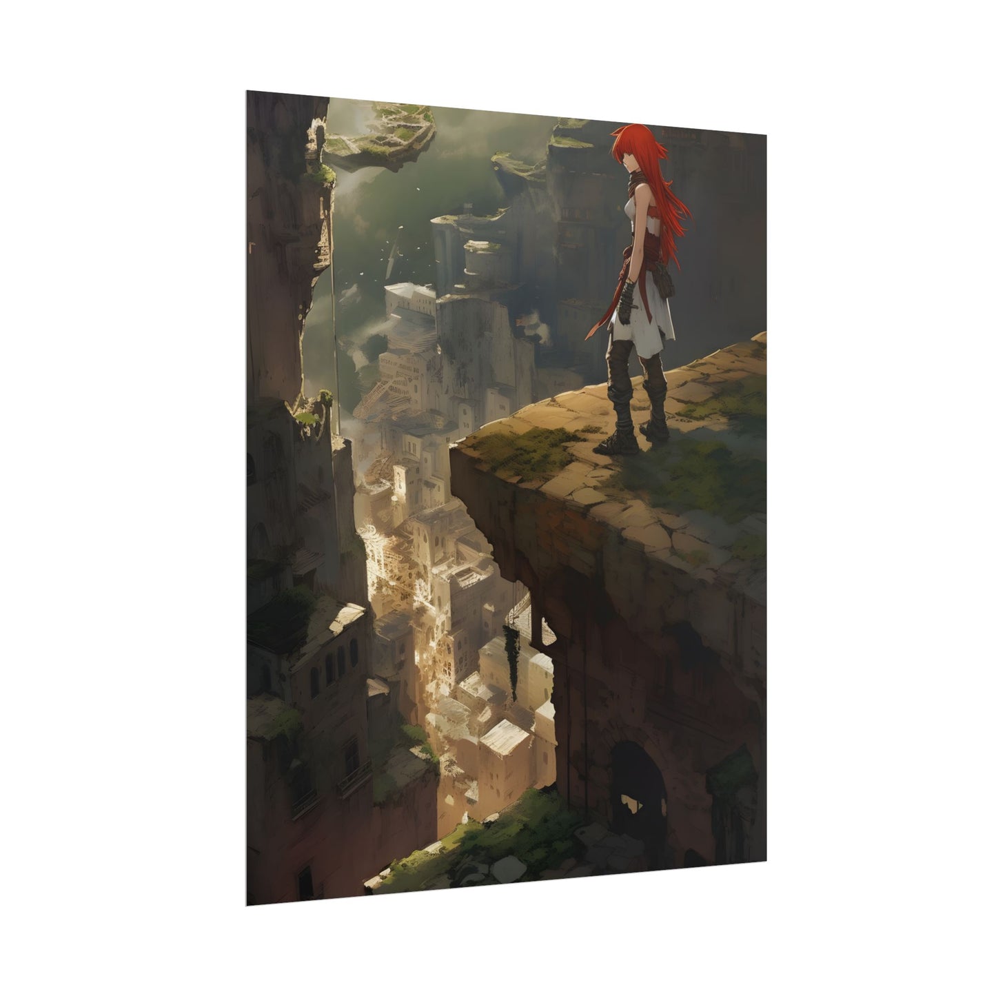 Anime Birds Eye View: Red Haired Female in Action Fantasy Scene - Poster