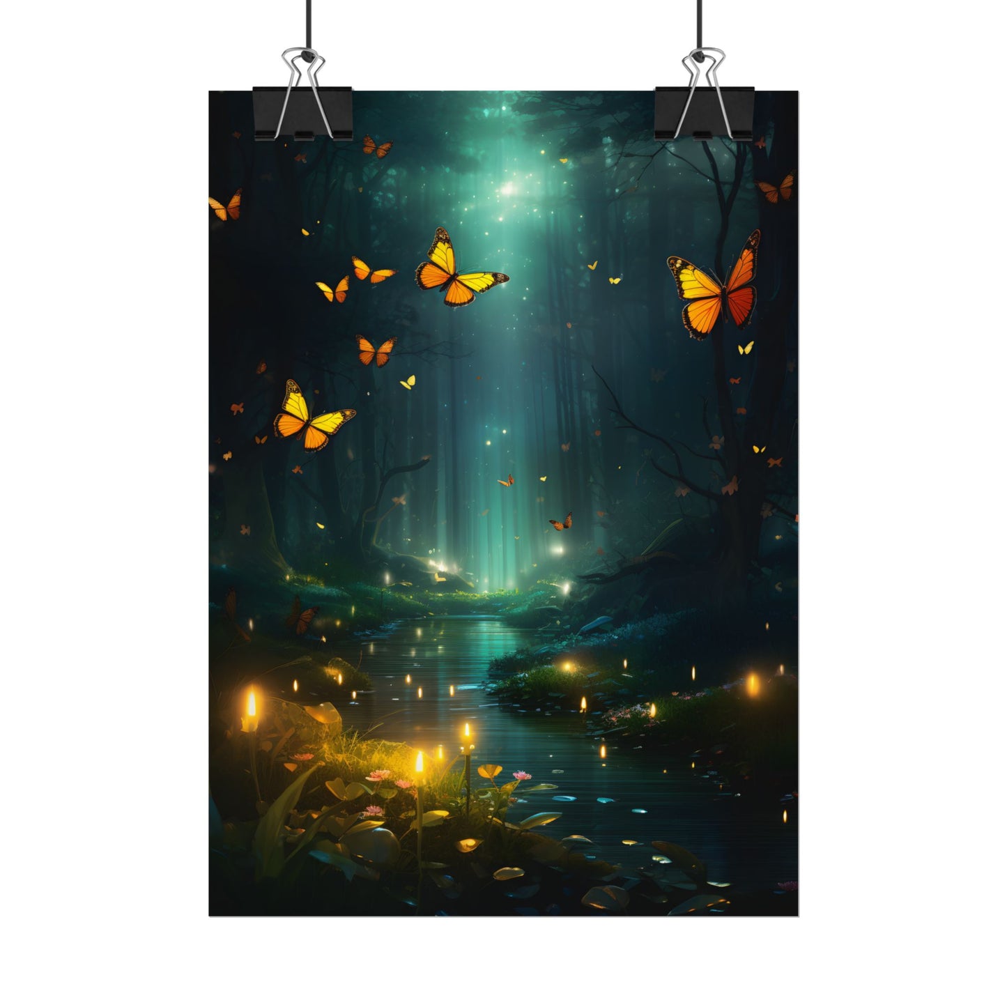Fantasy Night Bokeh Artwork: Glowing Fog Forest Painting - Poster