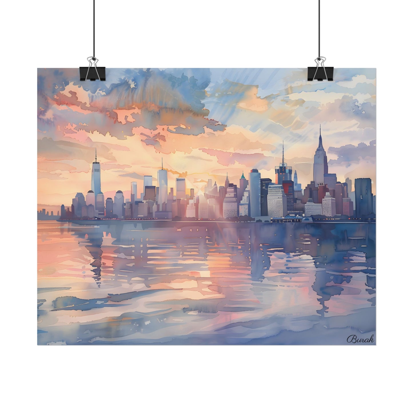 Watercolor New York City Sunset: Golden Hour Artwork - Poster