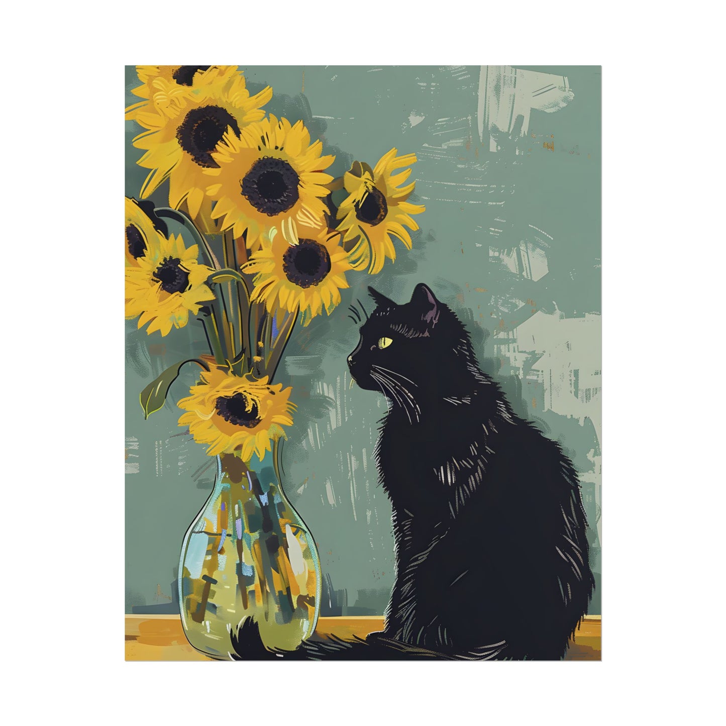 Whispers in the Sun: A Black Cat's Serene Moment with Sunflowers - Poster