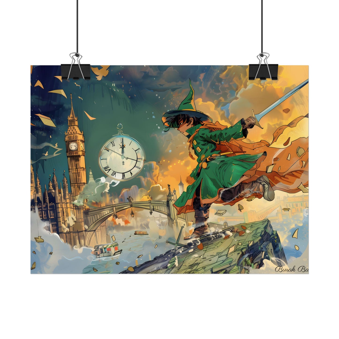 Whimsical Green Tunic Boy: Mischievous Illustration - Poster