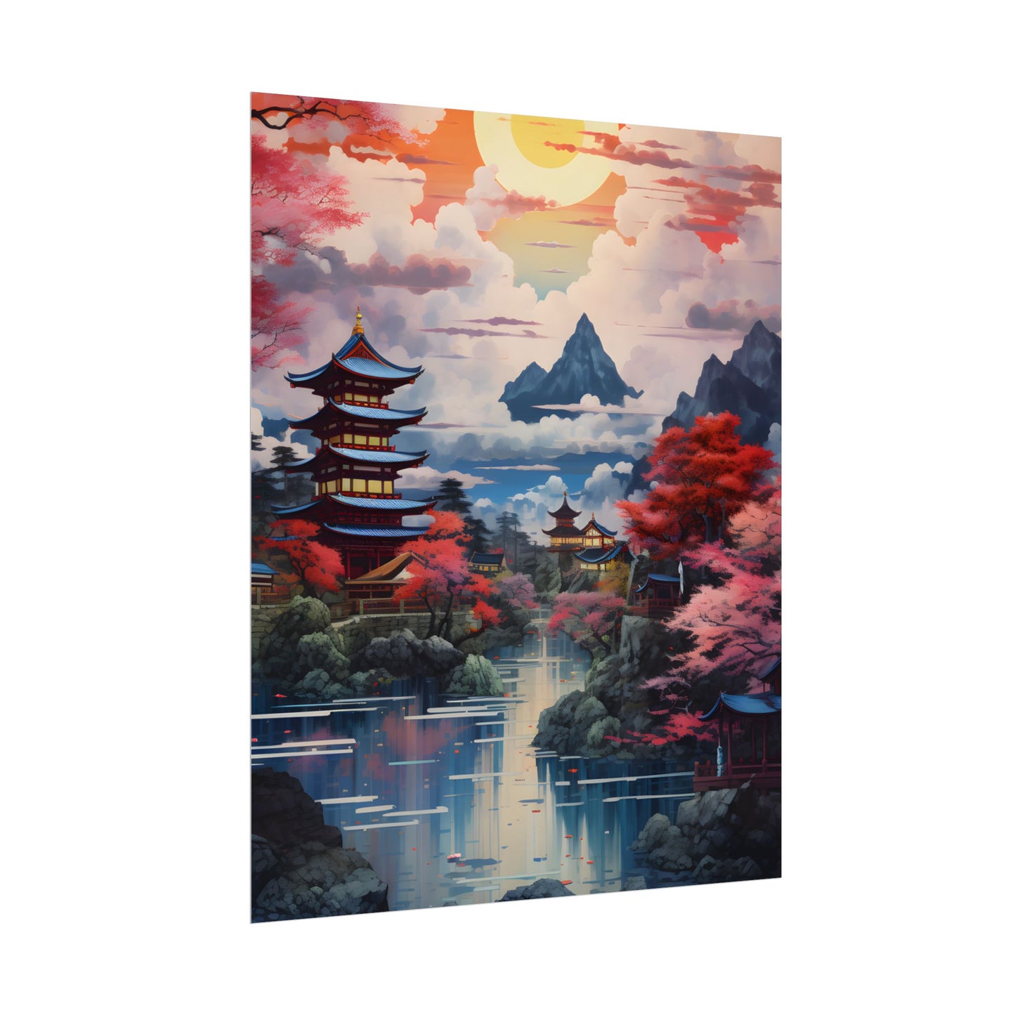 Wonderful Japanese River Scene with Serene Flowers - Poster