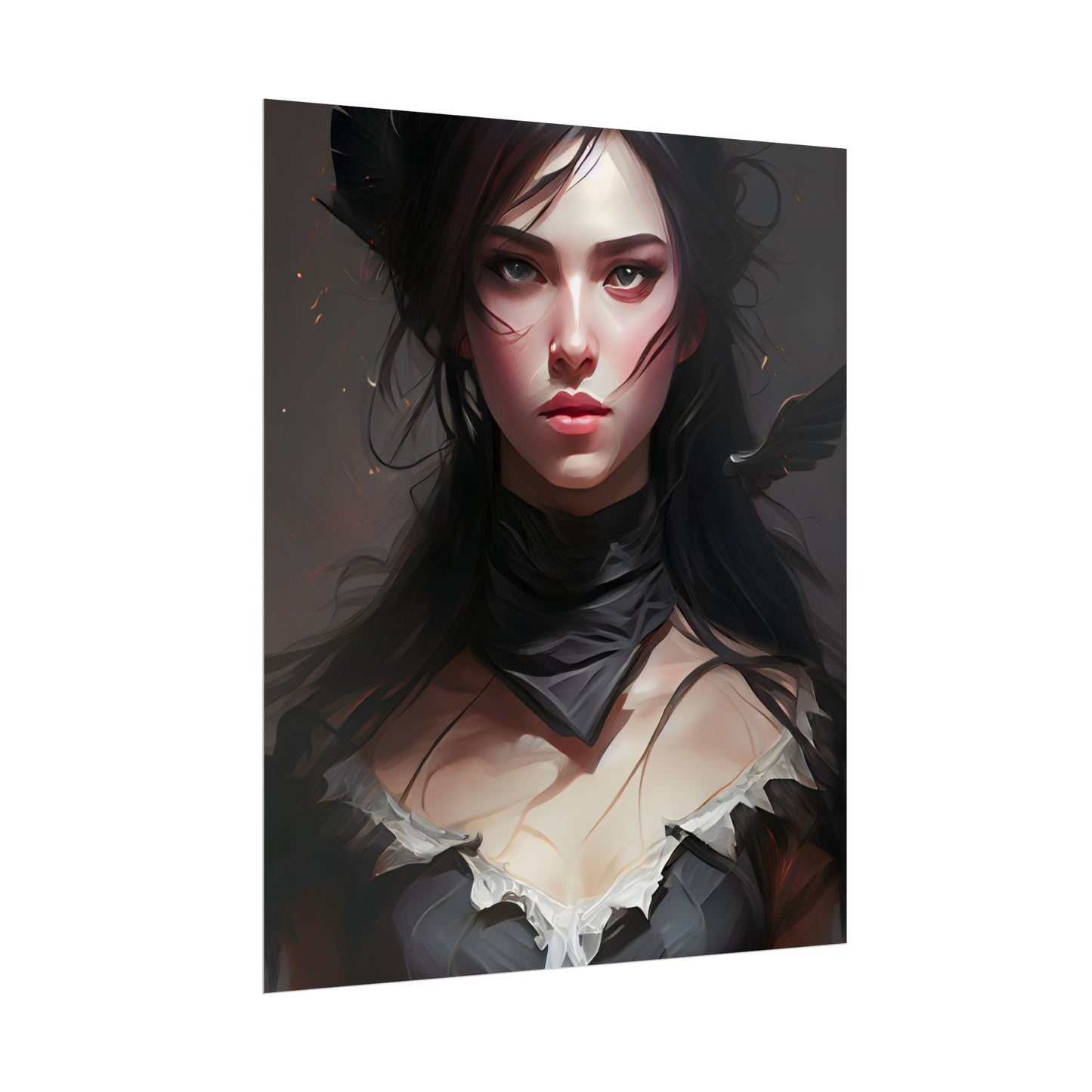 Female Portrait: Black Hair Artwork in Dark Background - Poster
