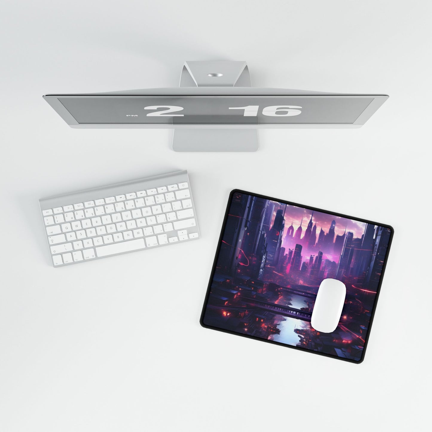 Dystopian Cyberpunk Cityscape: Neon Futuristic Artwork - Desk Mat