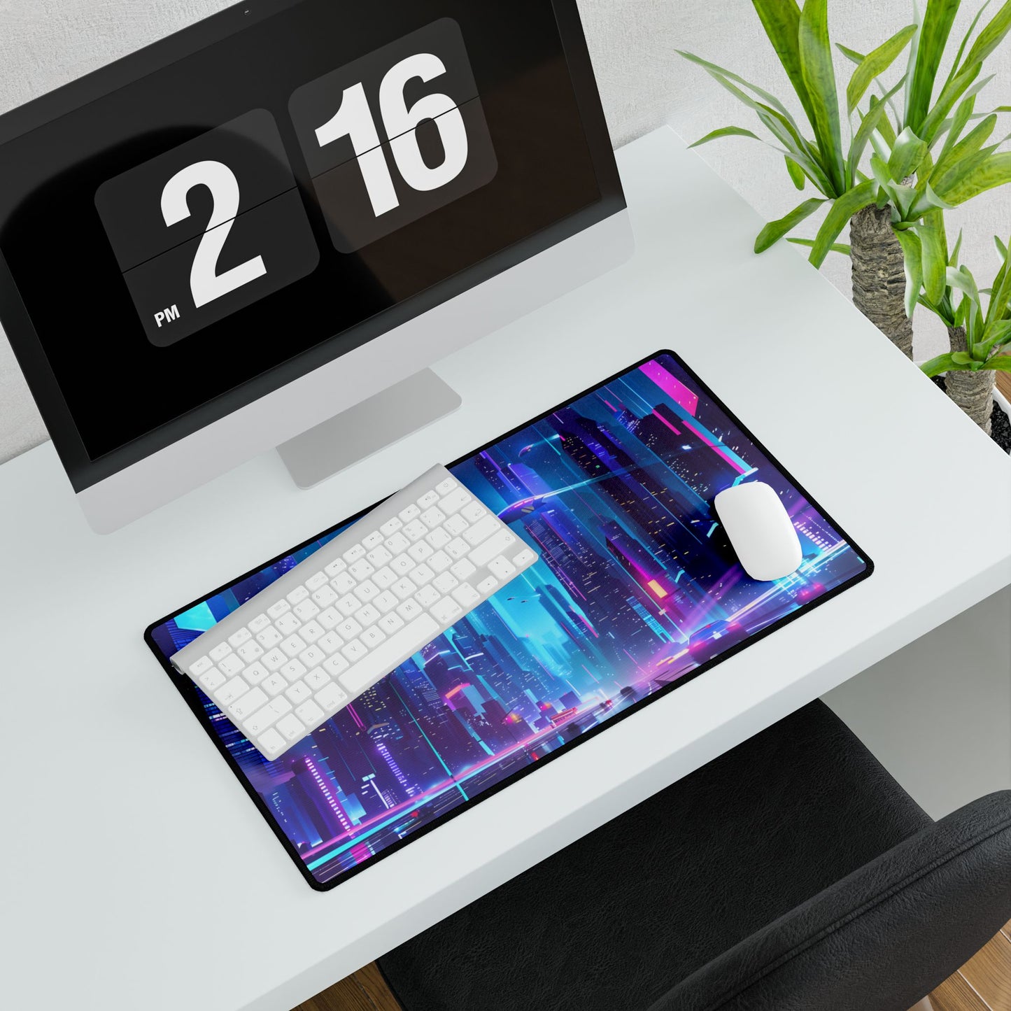 Futuristic Neon City: Towering Skyscrapers in a Vibrant Nighttime Sky - Desk Mat