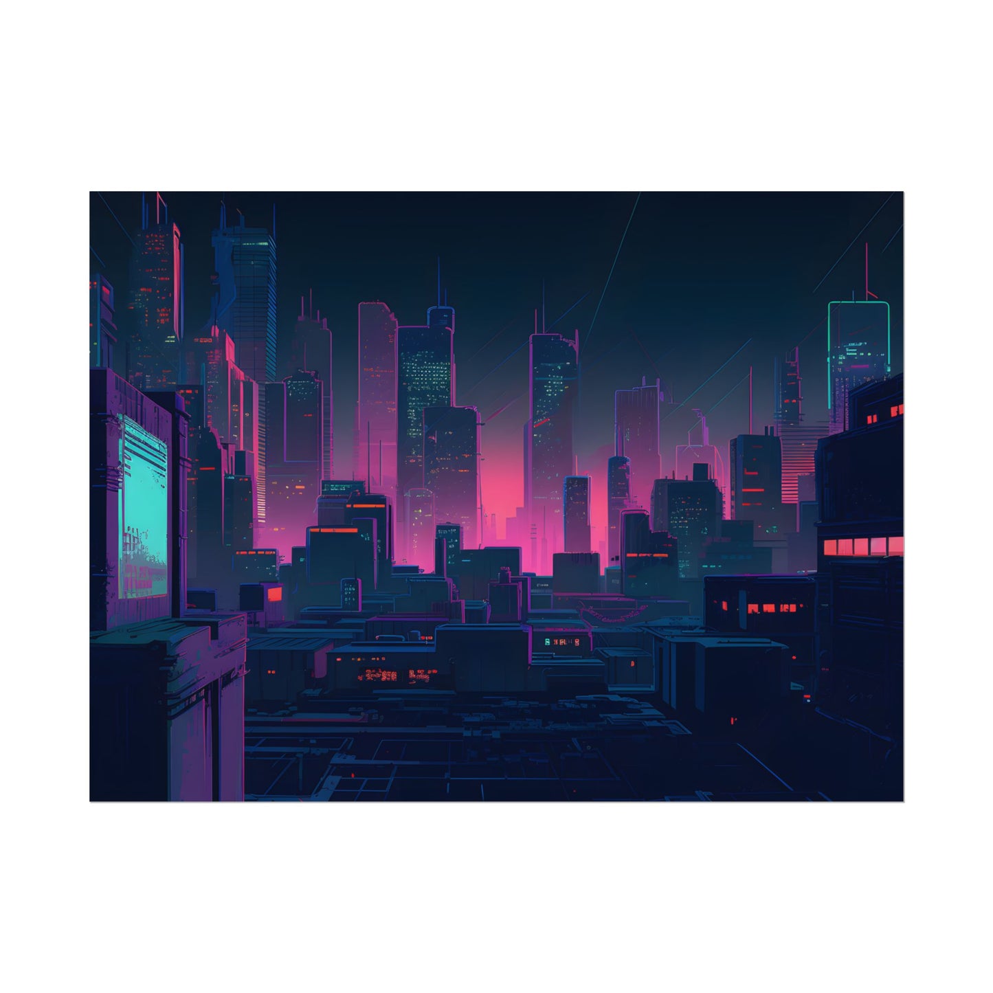 Melancholic Cyberpunk City: Nighttime Scene Digital Art - Poster