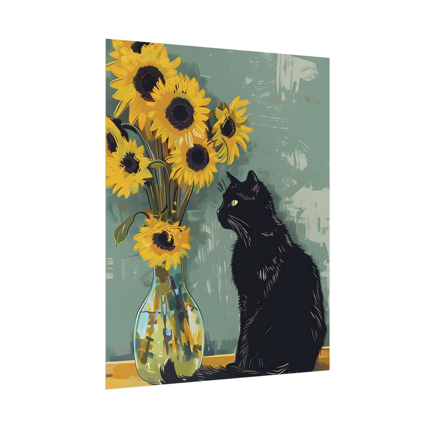 Whispers in the Sun: A Black Cat's Serene Moment with Sunflowers - Poster
