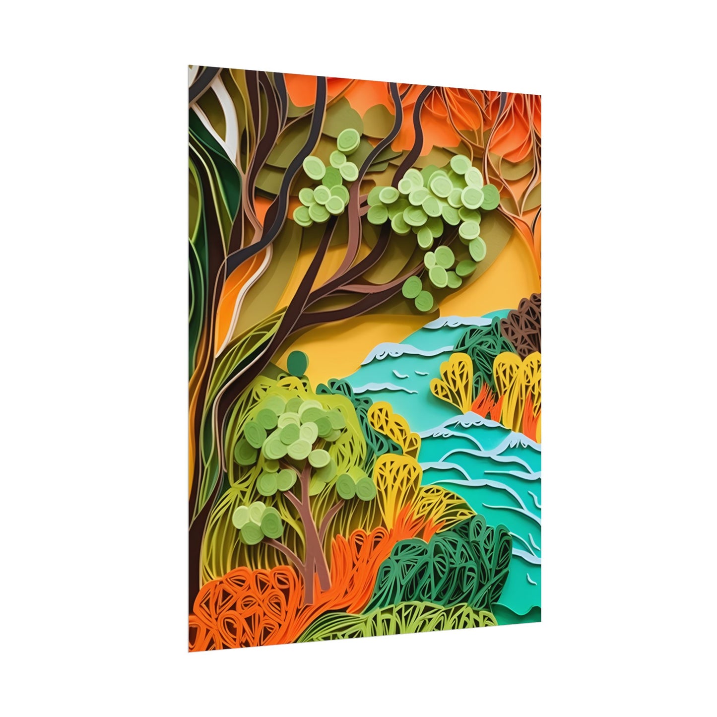 African Paper Quilled Landscape: Artwork in Brown and Green - Poster
