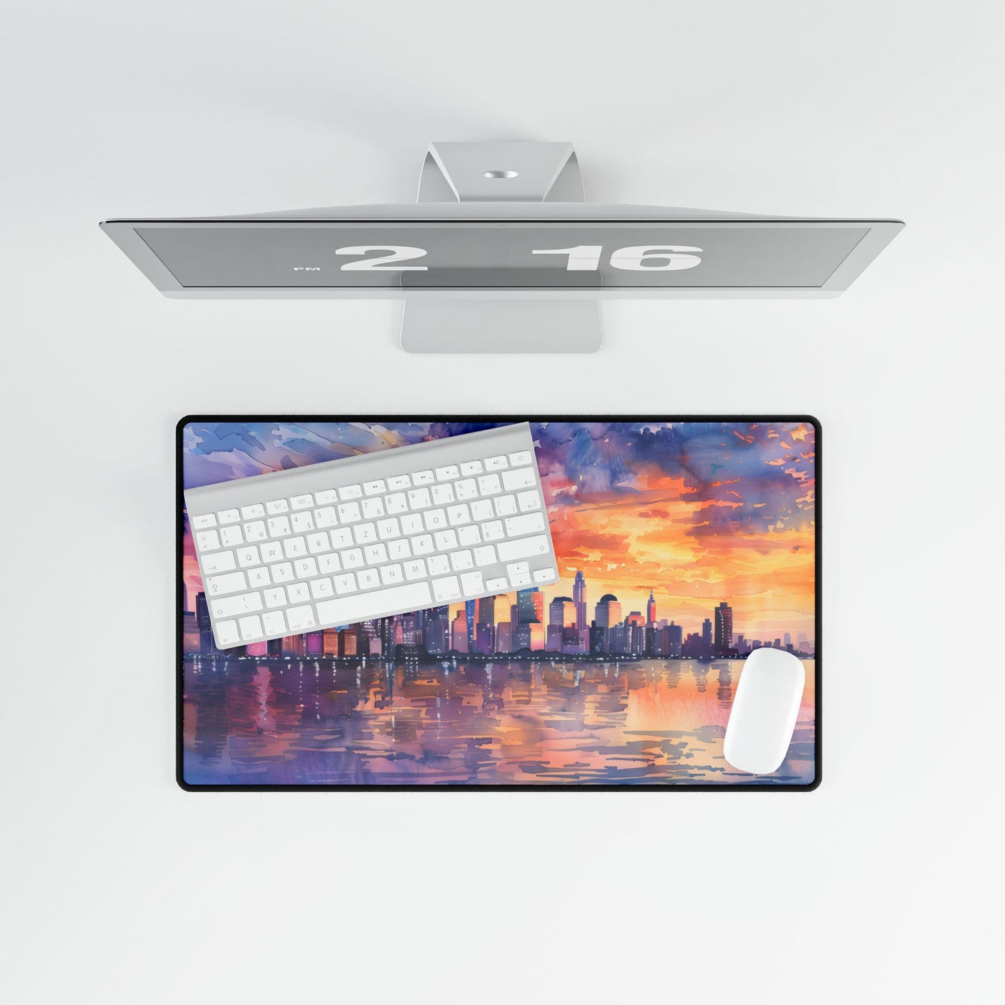 Serene NYC Sunset: Watercolor Skyline Reflections - Desk Mat