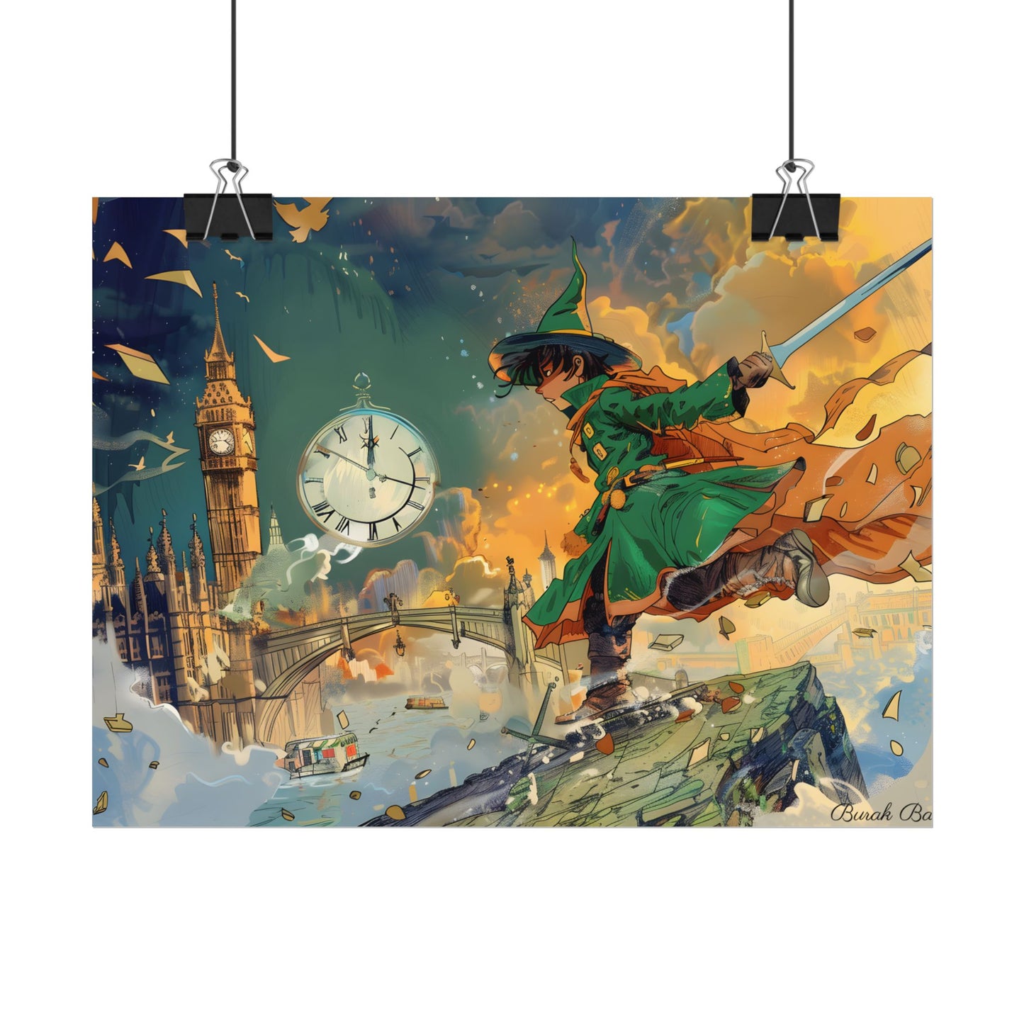 Whimsical Green Tunic Boy: Mischievous Illustration - Poster