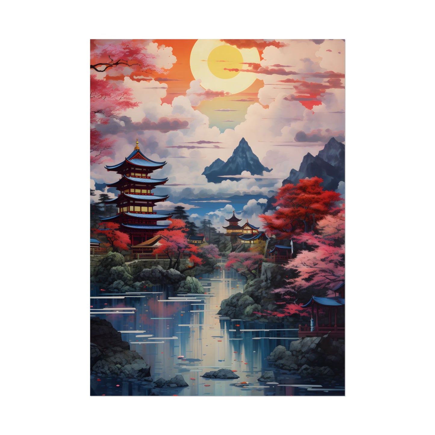 Wonderful Japanese River Scene with Serene Flowers - Poster