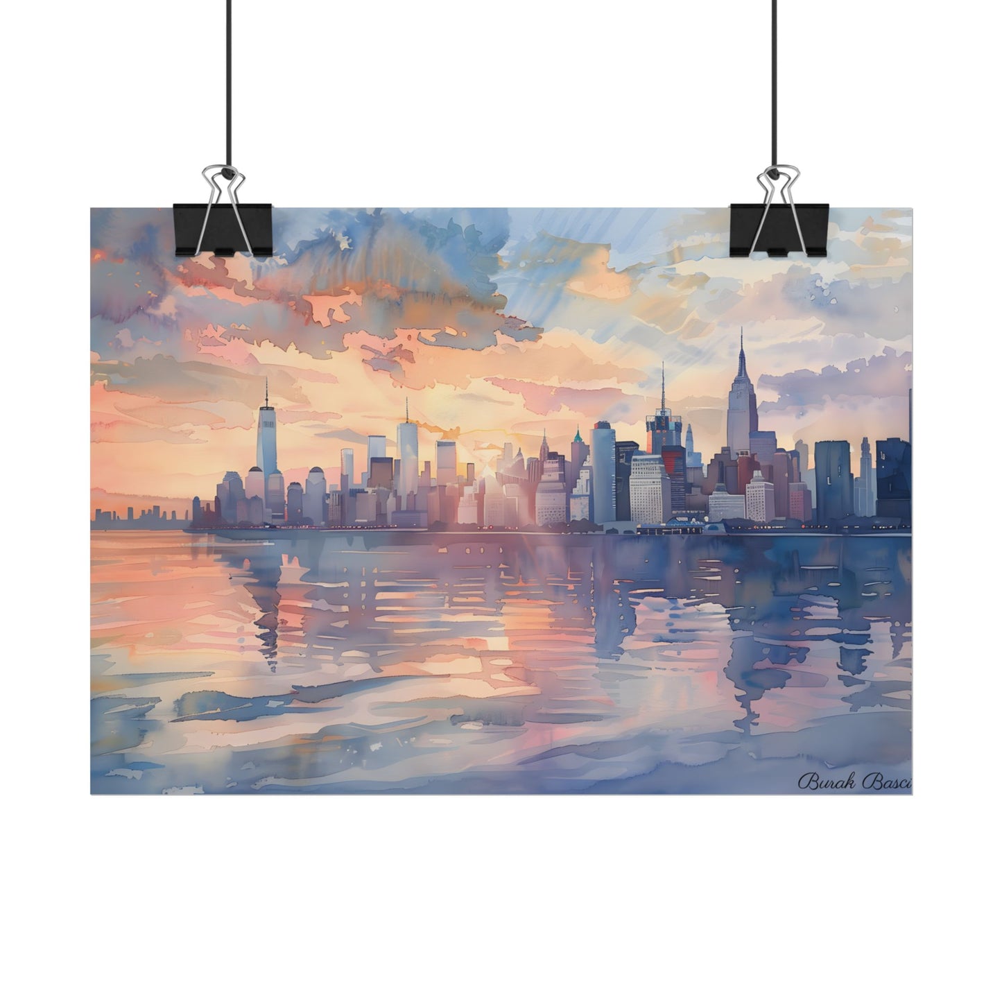 Watercolor New York City Sunset: Golden Hour Artwork - Poster