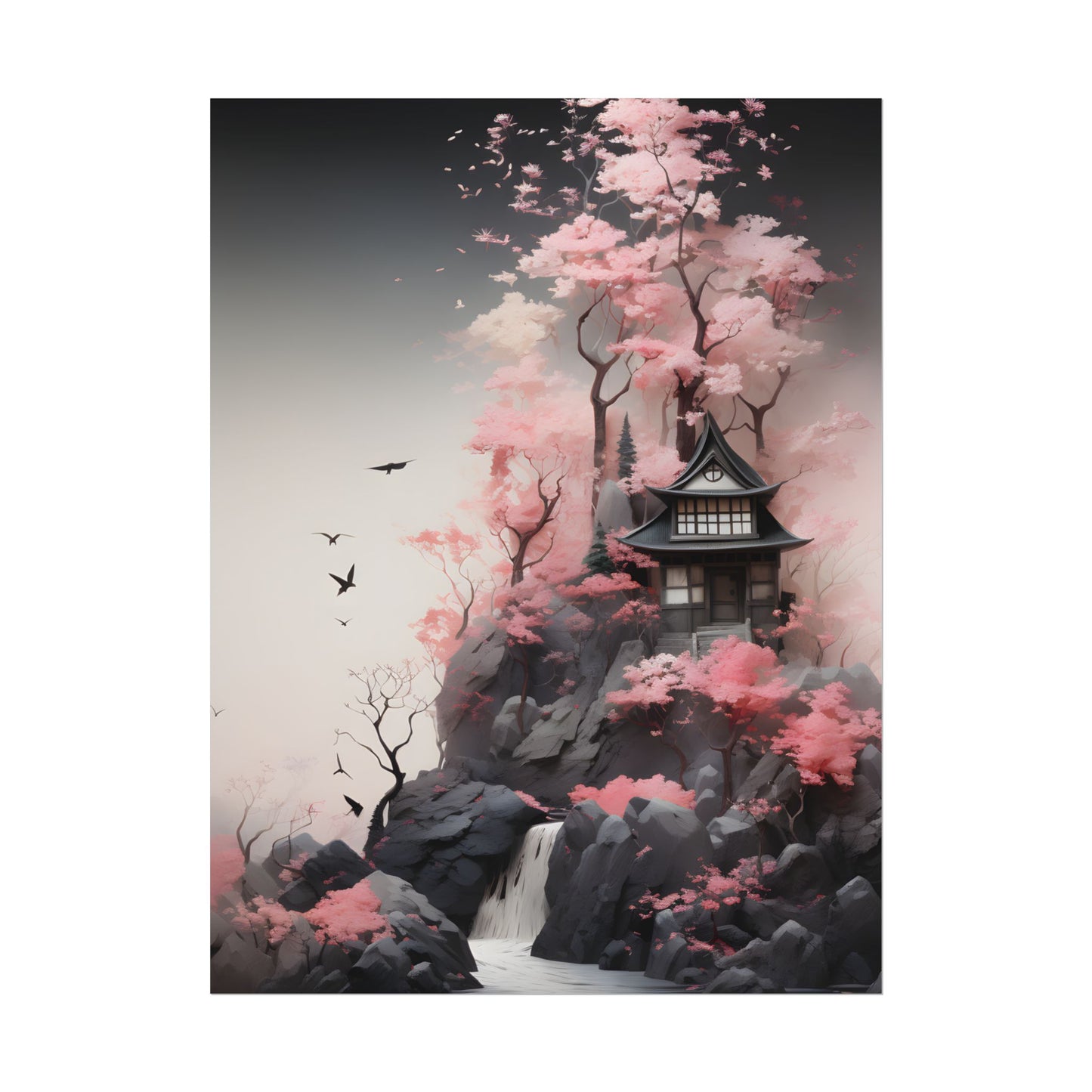 Ash Magenta Masterpiece: Rugged Landscape with Moss Green Forest - Poster