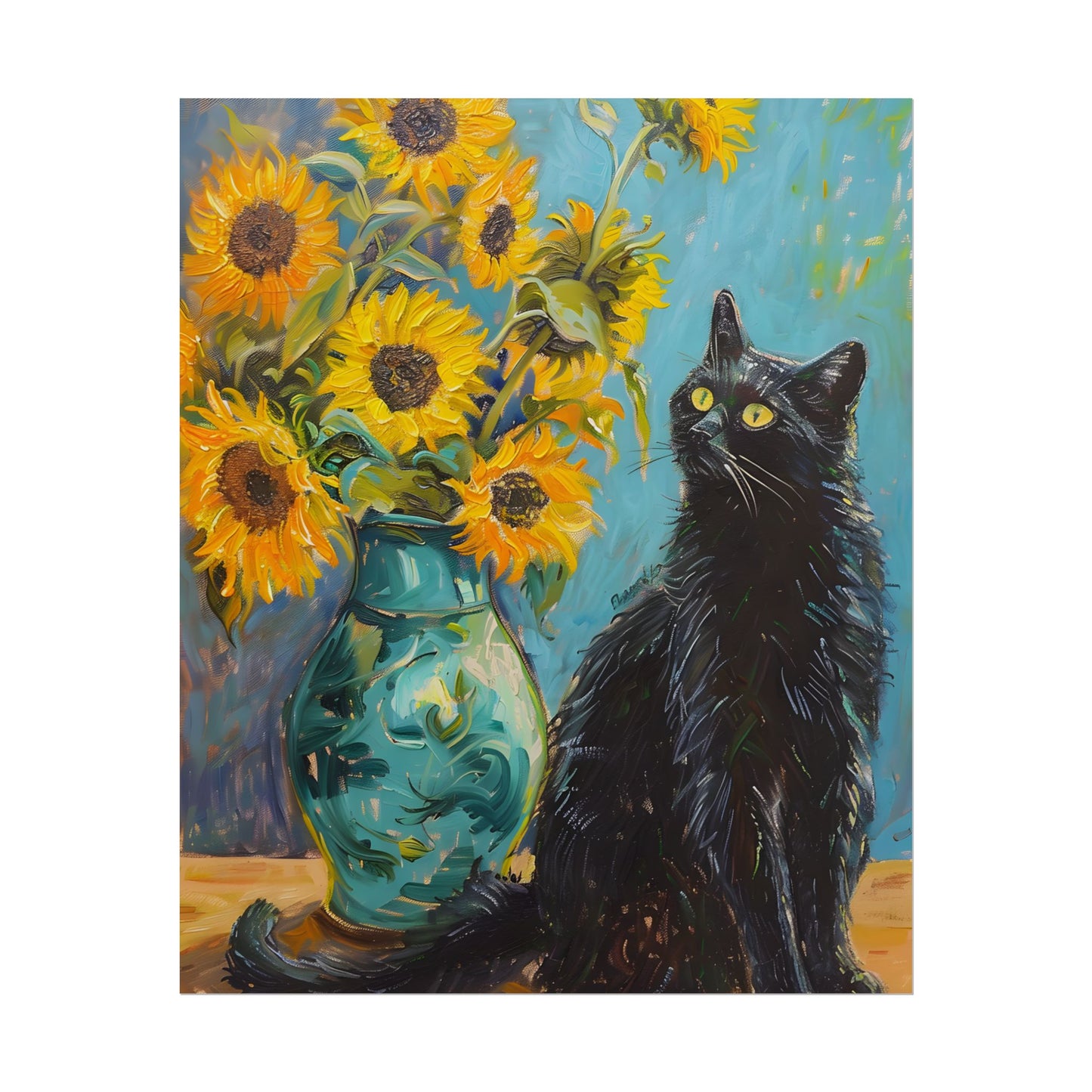 Whispers in the Garden: A Black Cat Among Sunflowers - Poster