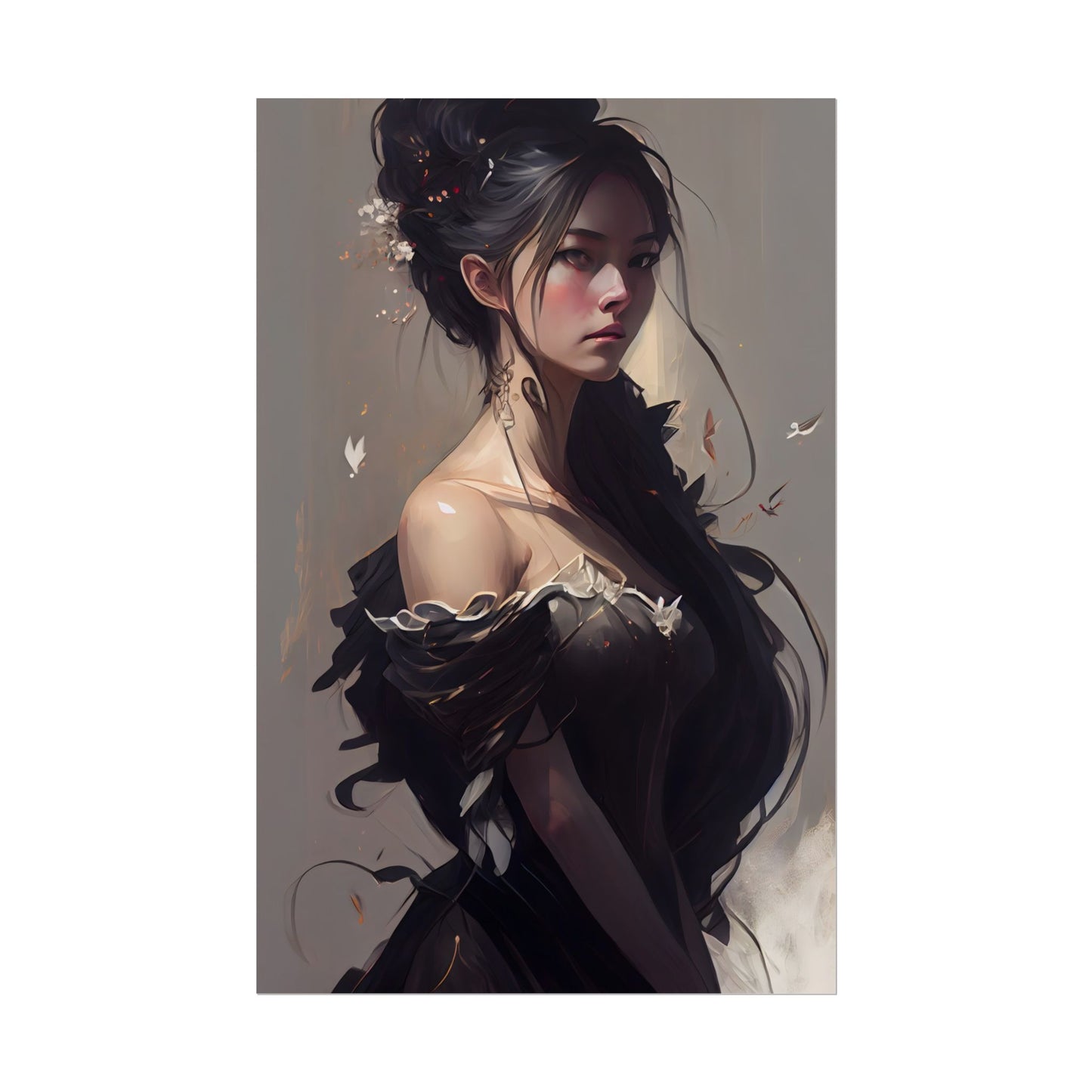 Elegant Black Hair Portrait: Beautiful Female in Dress Art - Poster