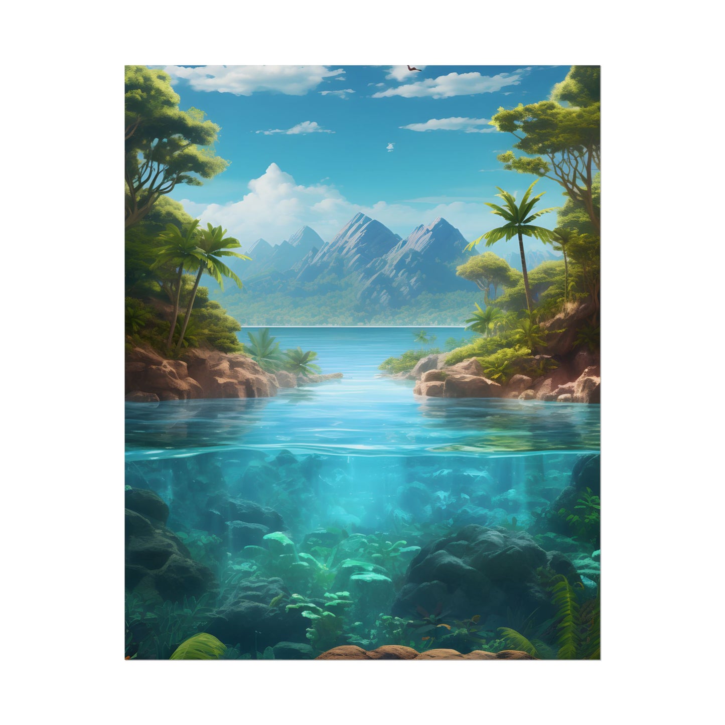 Tropical Tranquility: Serene Lagoon Island Art - Poster
