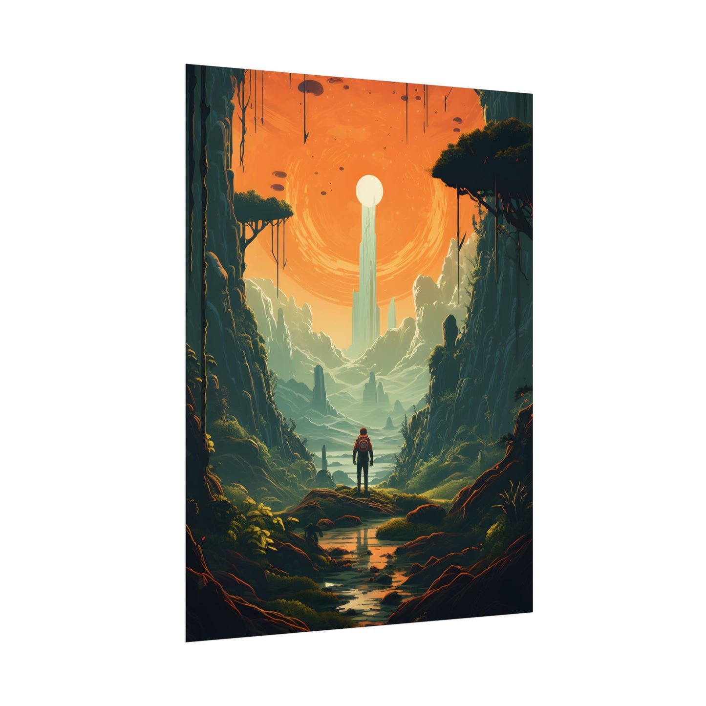Futuristic Wilderness Explorer: Solo Discovery in Sci-Fi Terrain - Poster