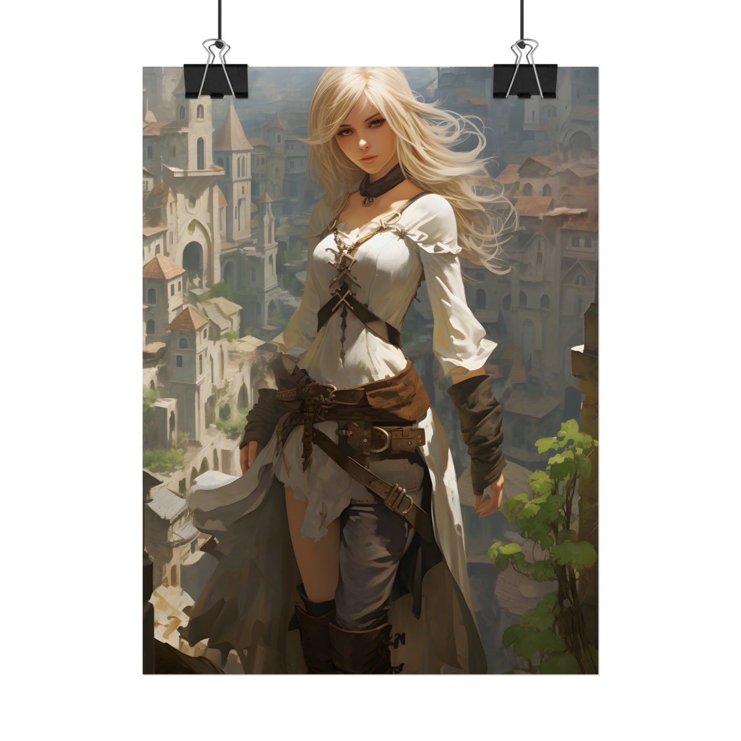 Anime Bird's Eye View Portrait: Blonde Beauty in Motion - Poster