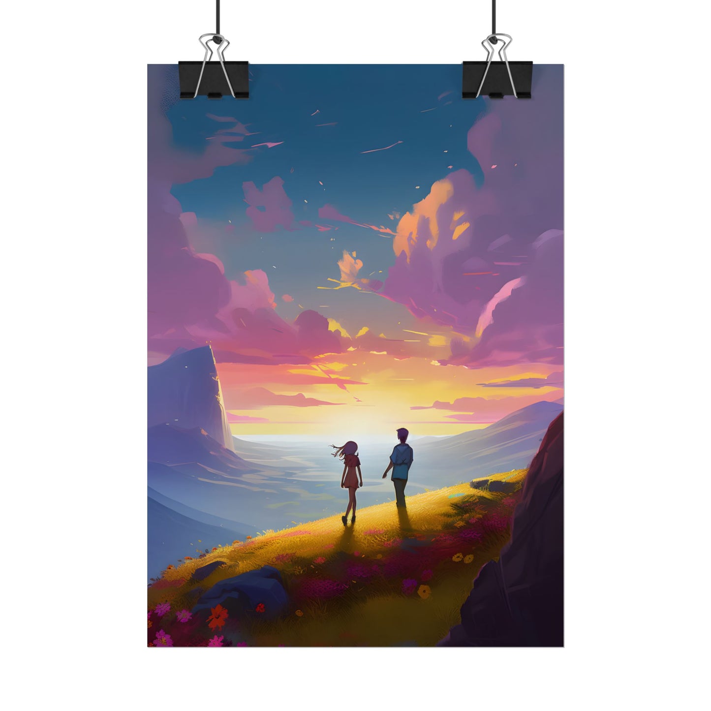 Young Love in a Cloudy Meadow: A Heartwarming Artwork - Poster