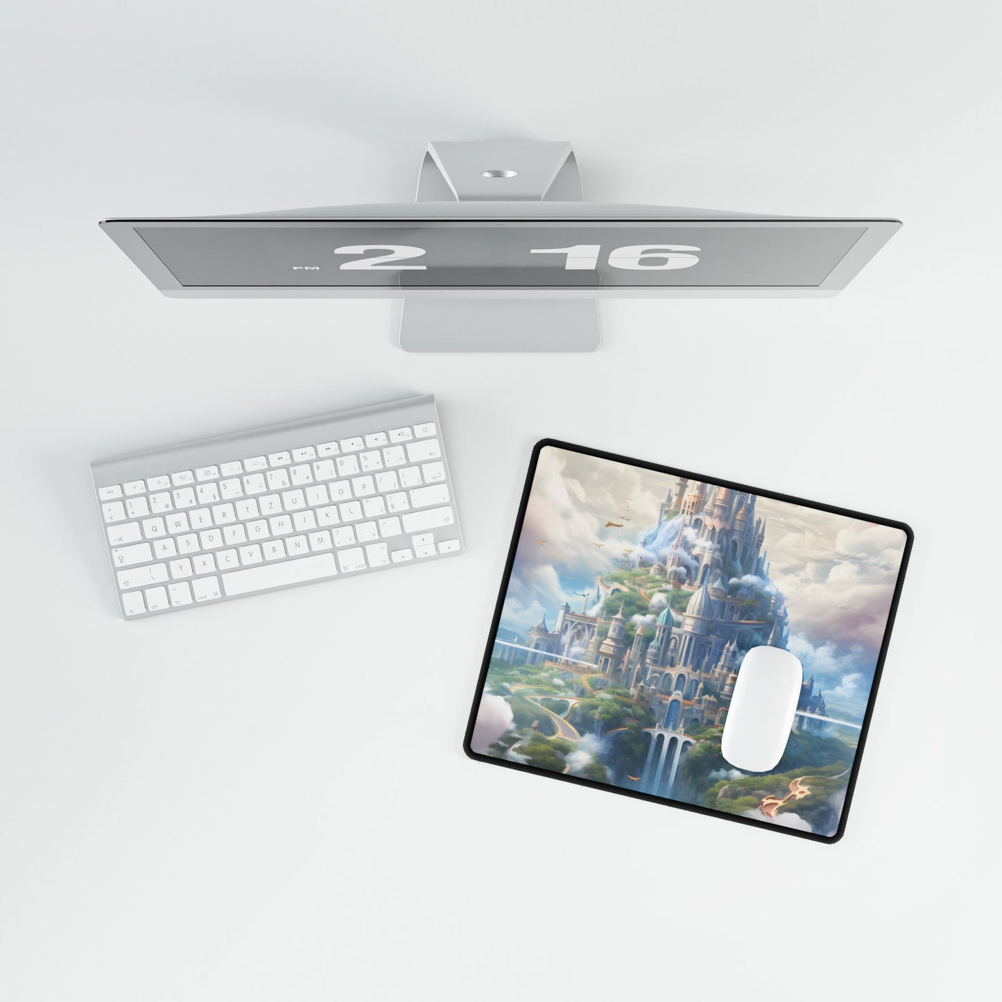 Floating City in Celestial Fantasy Realm: Whimsical Artwork - Desk Mat