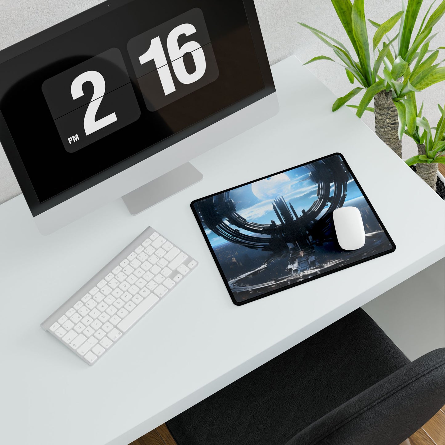 Futuristic Space Station: Orbiting Multimoon Planet Artwork - Desk Mat