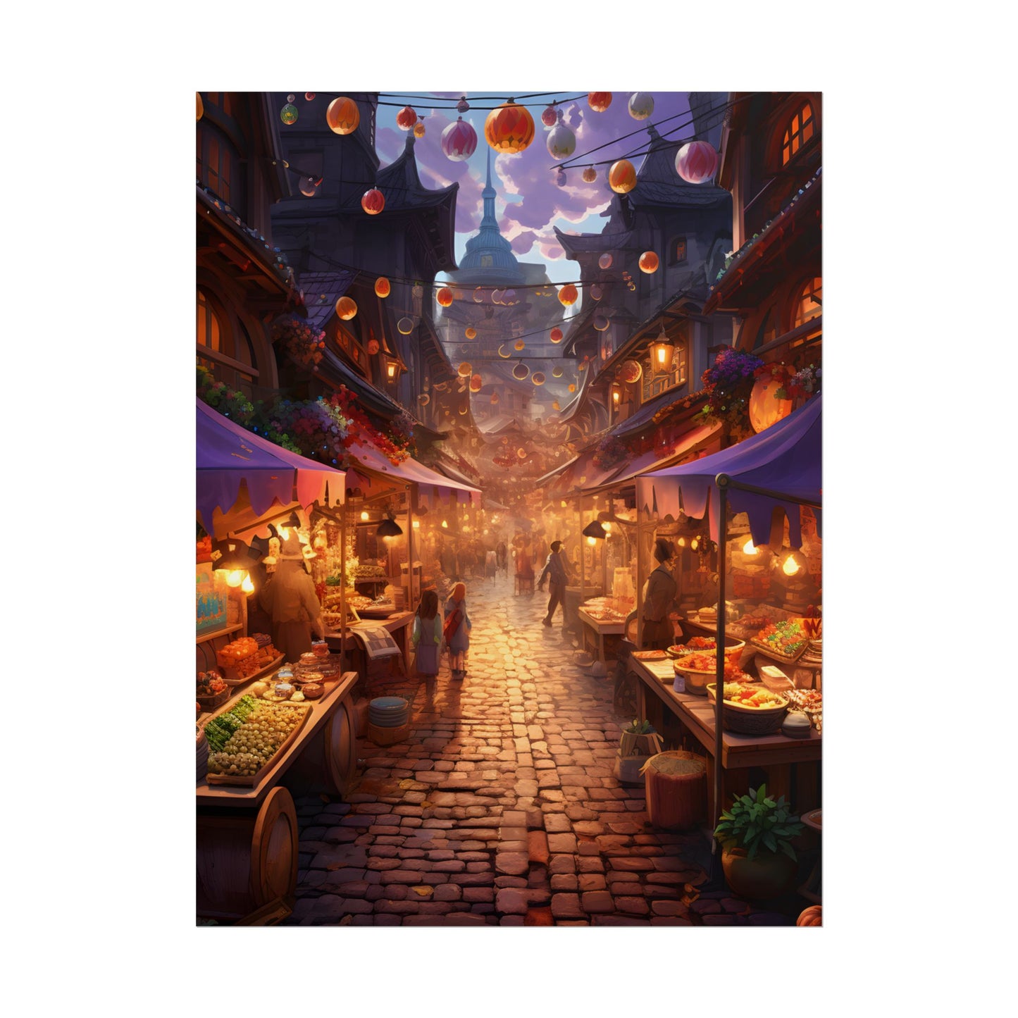Magical Street Food Market: Vibrant Enchanted Scene Art - Poster